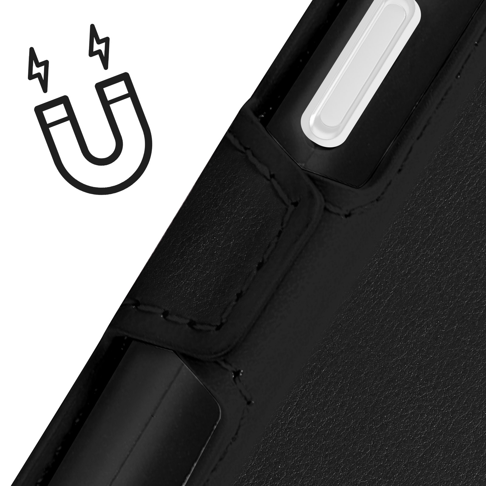 Custodia per telefono nera con chiusura magnetica e un simbolo di calamita.