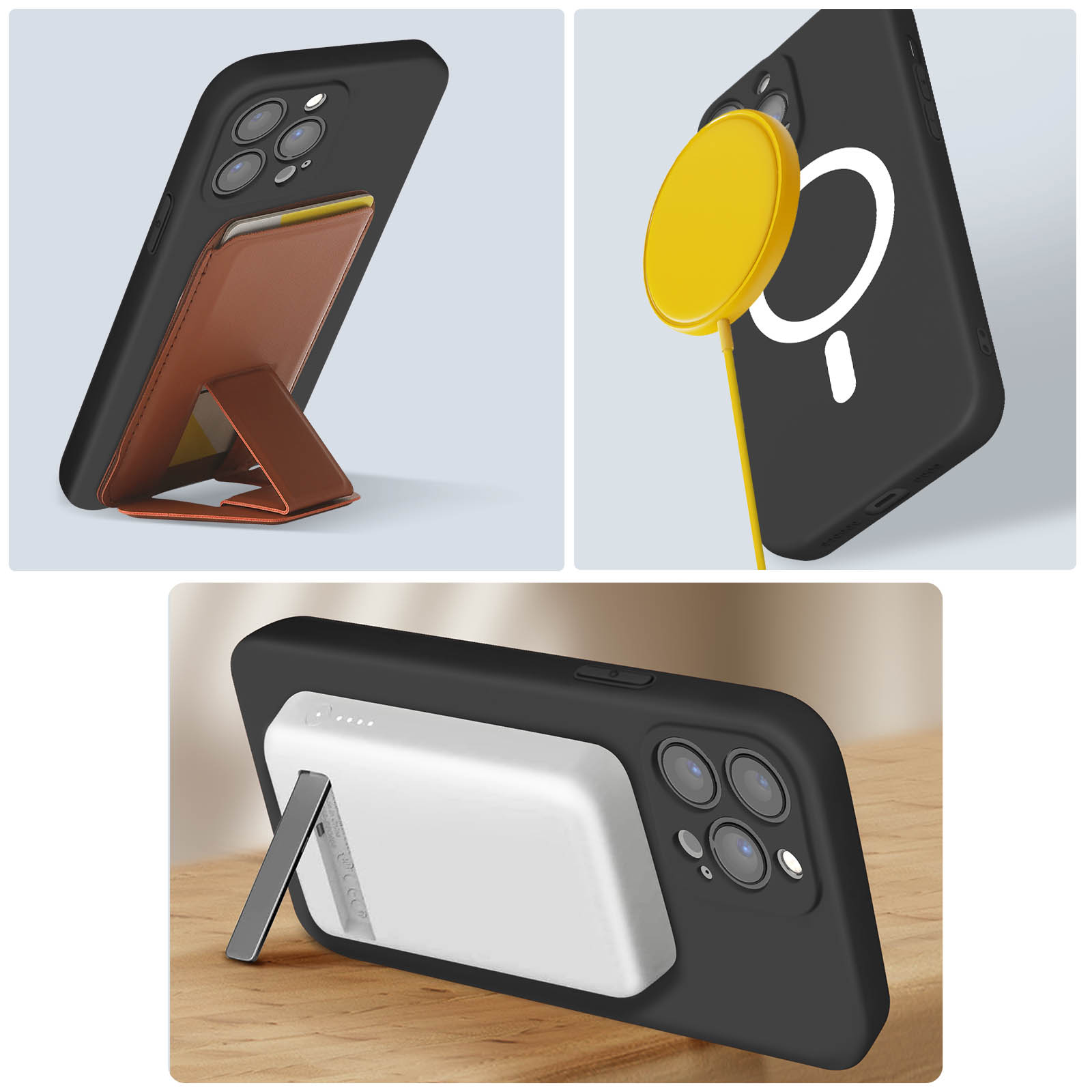 Tre immagini di custodie per telefono. Una con un portafoglio marrone, una con un supporto giallo e una con un supporto bianco.