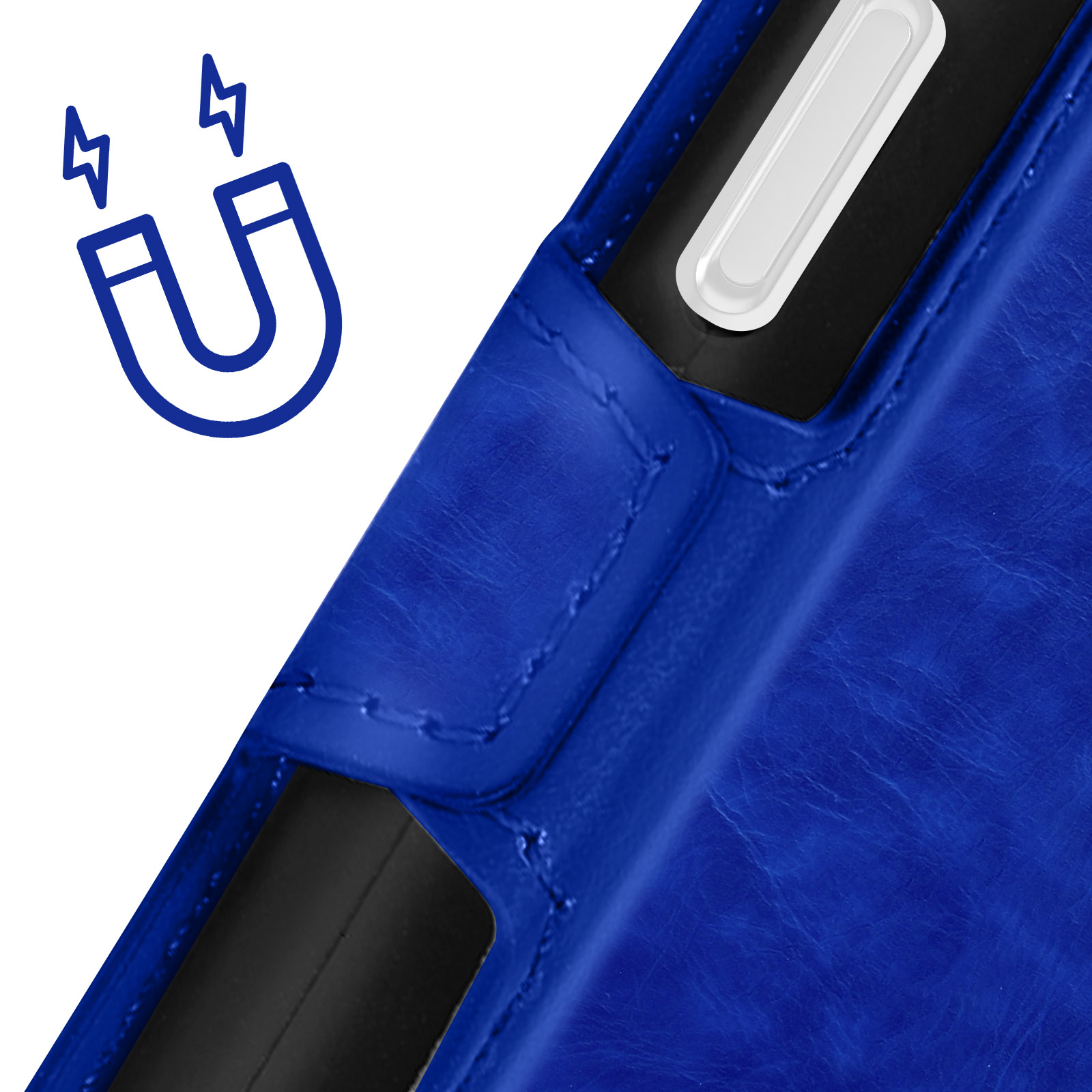 Primo piano di una custodia blu con chiusura magnetica, icona calamita in alto a sinistra.