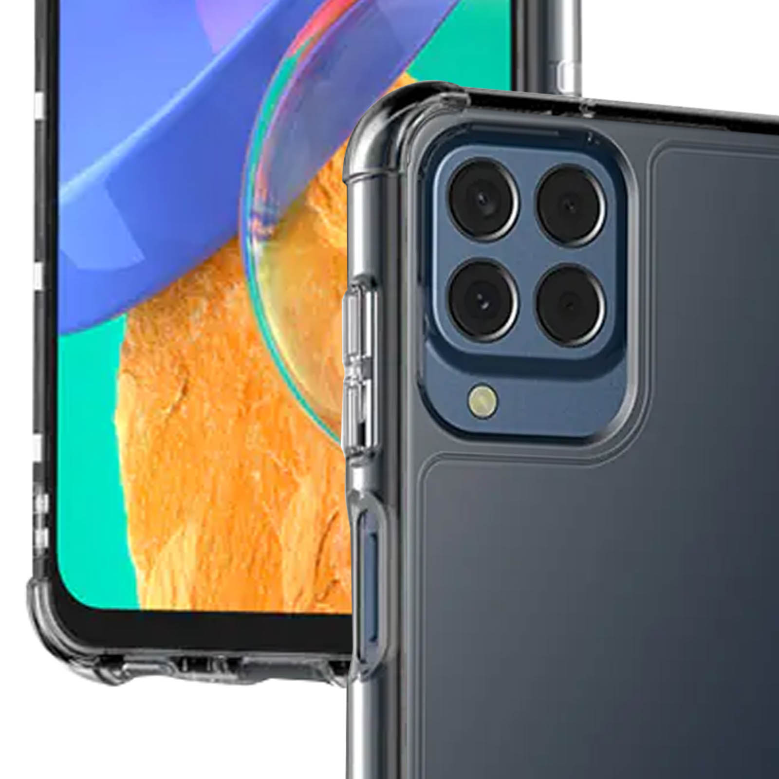 Una funda transparente con un teléfono gris dentro.