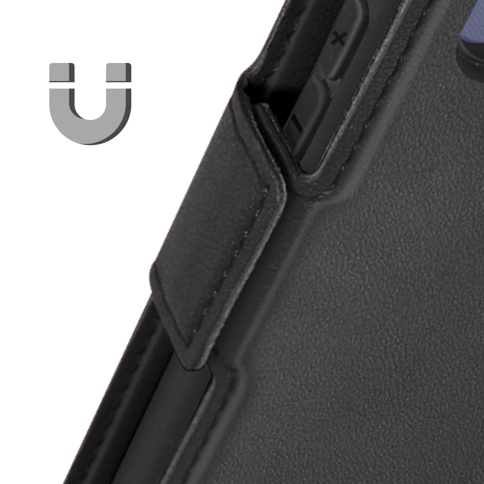 Schwarze Handyhülle mit einem magnetischen U. Weißer Hintergrund.
