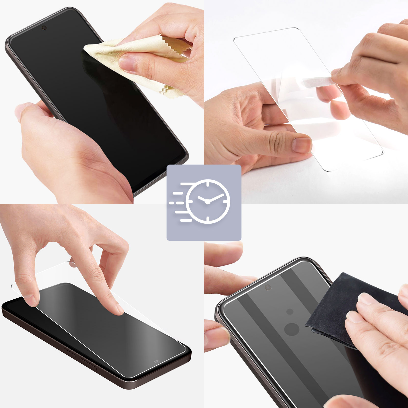 Diverse immagini che mostrano i passaggi per installare una protezione schermo su un telefono.