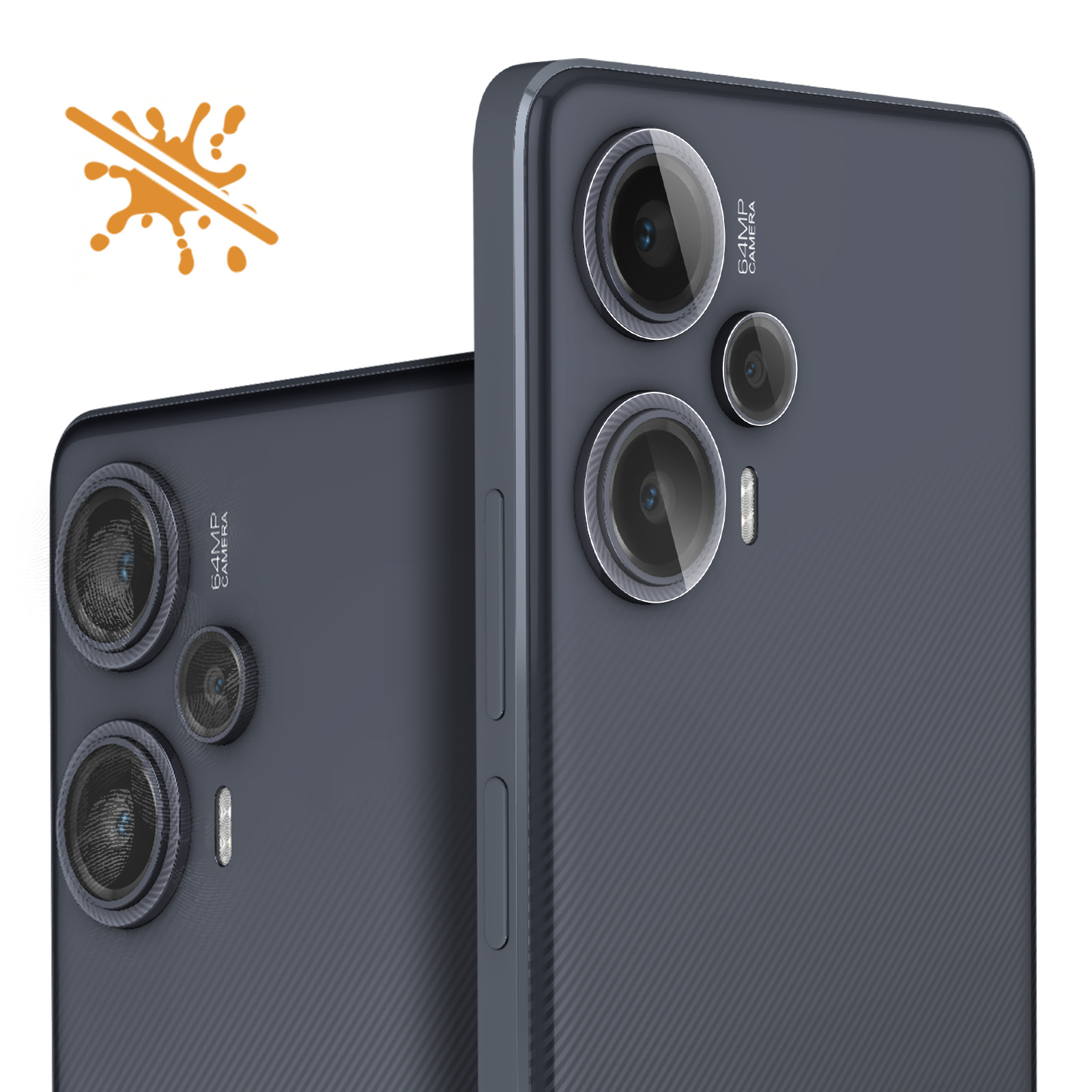 Due telefoni con più fotocamere, uno a fuoco. Un simbolo di spruzzo è nell'angolo in alto a sinistra.