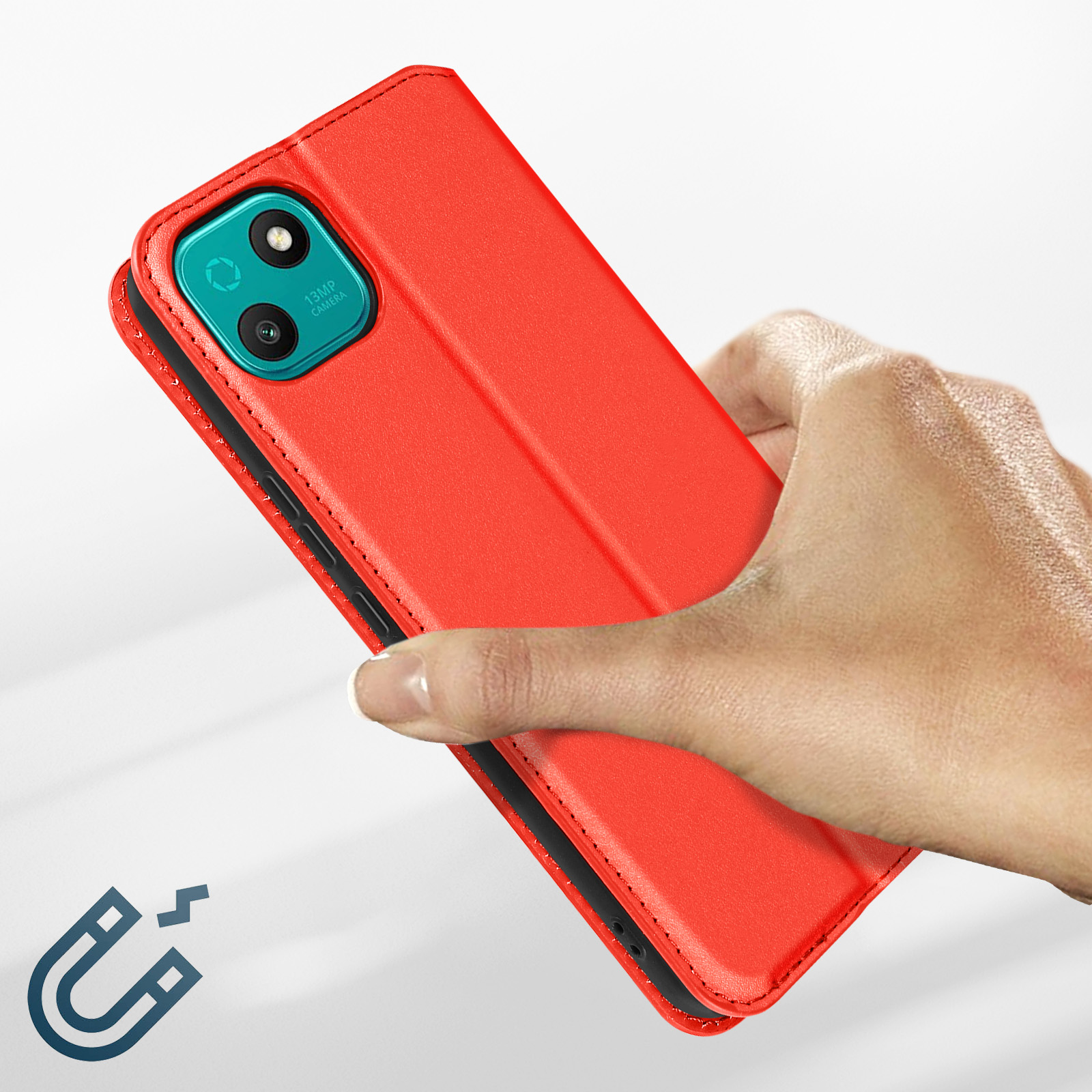 Custodia rossa per telefono tenuta in mano. Un simbolo del magnete è vicino.
