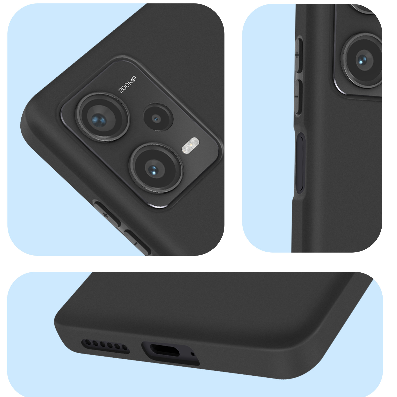 Primo piano dei dettagli del telefono nero: fotocamere, pulsanti e porta di ricarica, su una superficie blu.