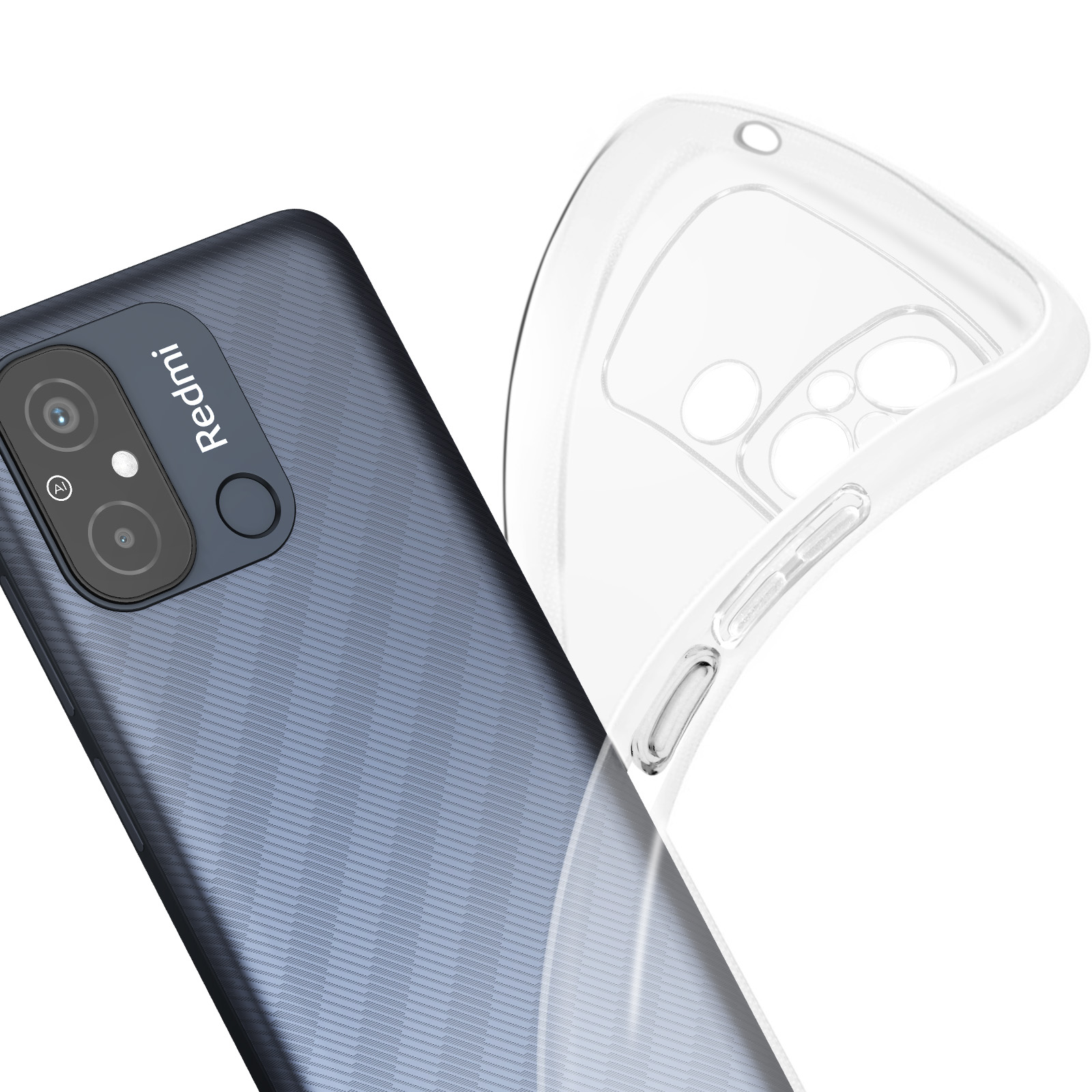 Un telefono con retro blu strutturato e una custodia trasparente accanto. Logo Redmi visibile.