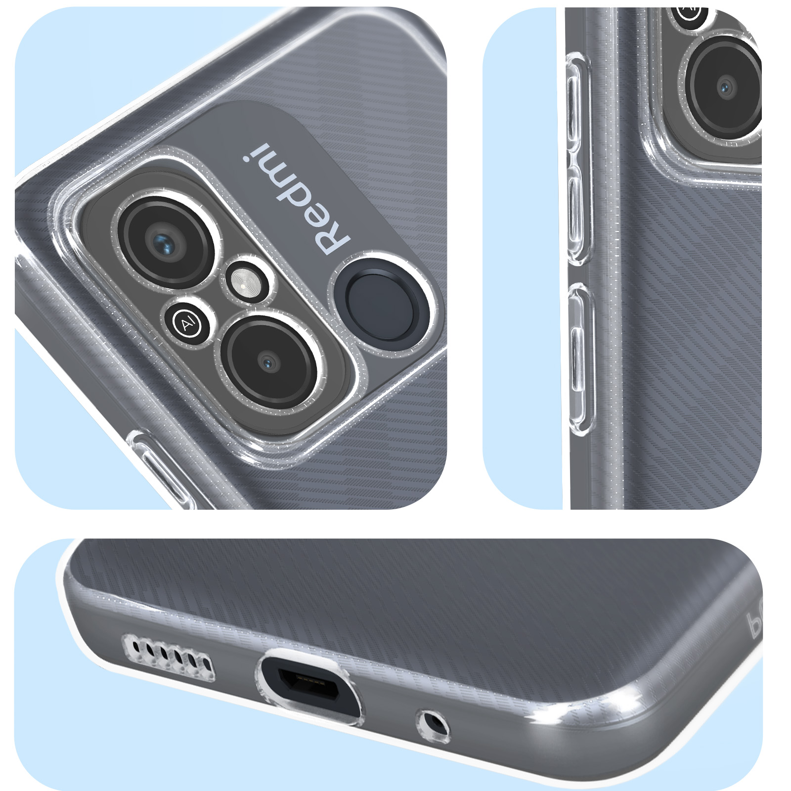Primo piano di una custodia per telefono con tre lenti della fotocamera e un sensore di impronte digitali.
