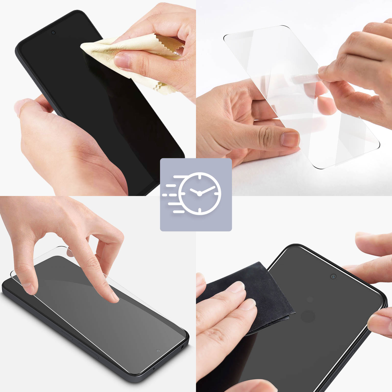 Quattro immagini che mostrano il processo di applicazione di una protezione per lo schermo del telefono. Include pulizia, applicazione e lisciatura.