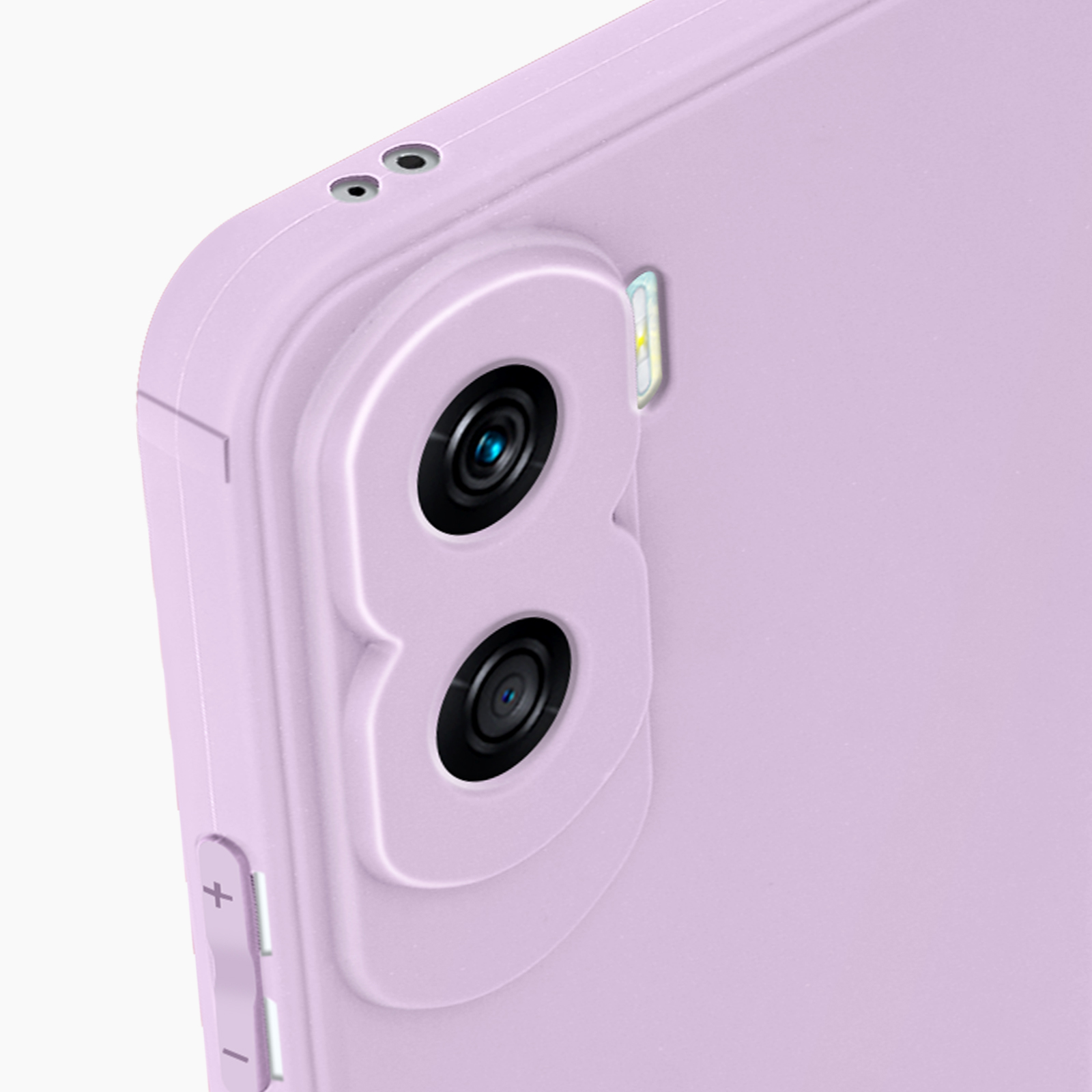 Custodia per telefono viola, con fori per fotocamera e pulsanti, primo piano, su sfondo chiaro.