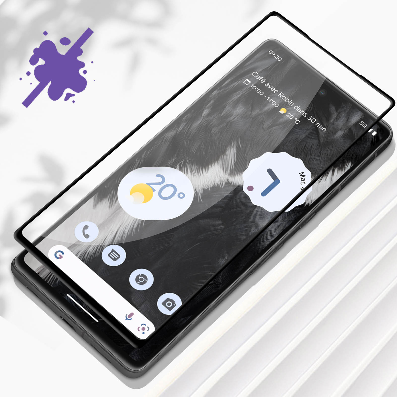 Un téléphone avec un protecteur d'écran. L'écran affiche une interface avec des détails météo et calendrier.