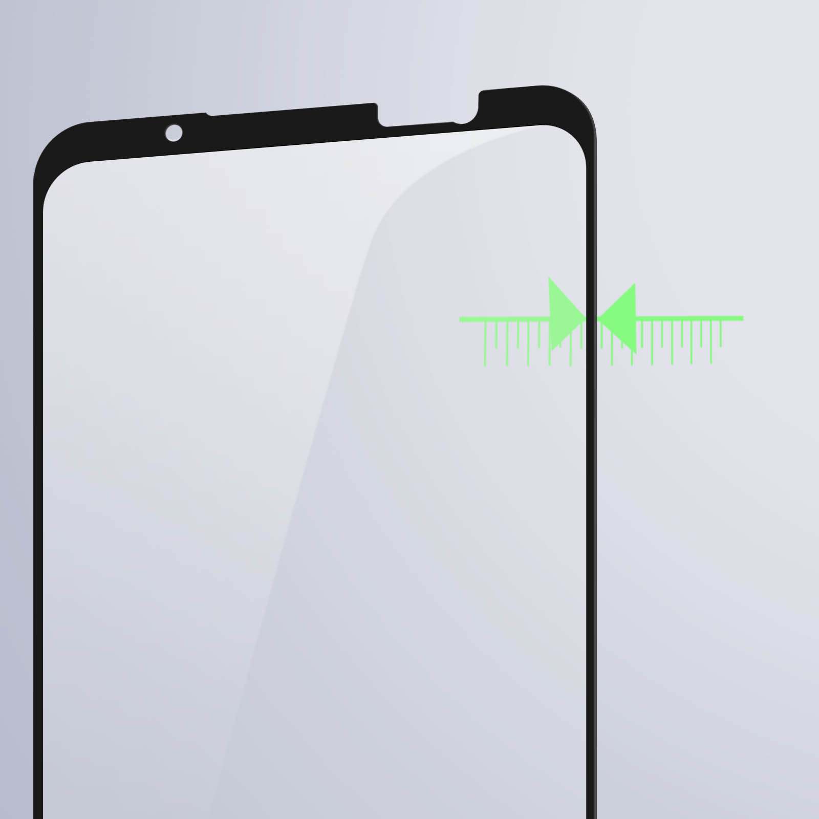 Un proteggi schermo per smartphone con cornice nera e grafica di misurazione verde.