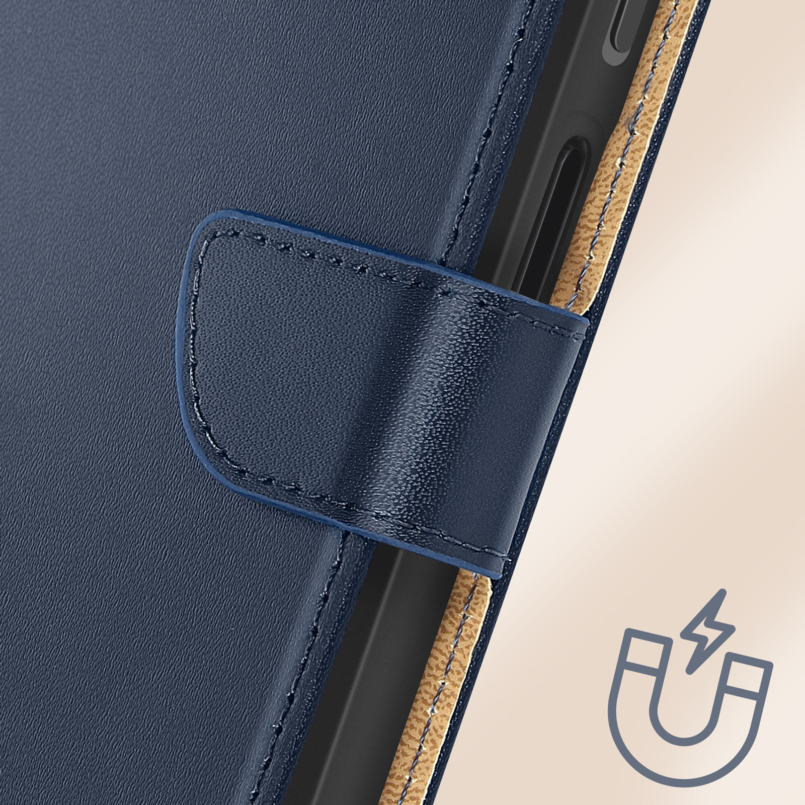 Eine blaue Handyhülle mit Magnetverschluss. Ein Magnetsymbol befindet sich rechts.