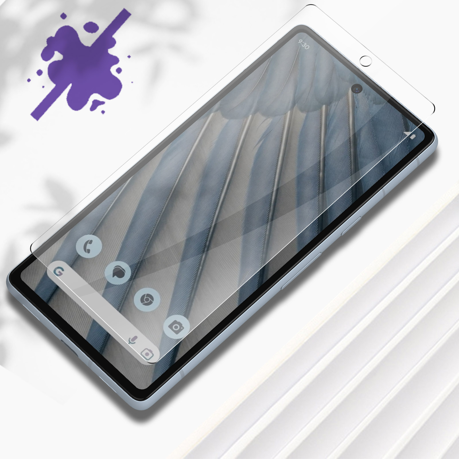Un telefono con una protezione per lo schermo. Lo schermo mostra un'interfaccia utente. Uno spruzzo viola in alto a sinistra.