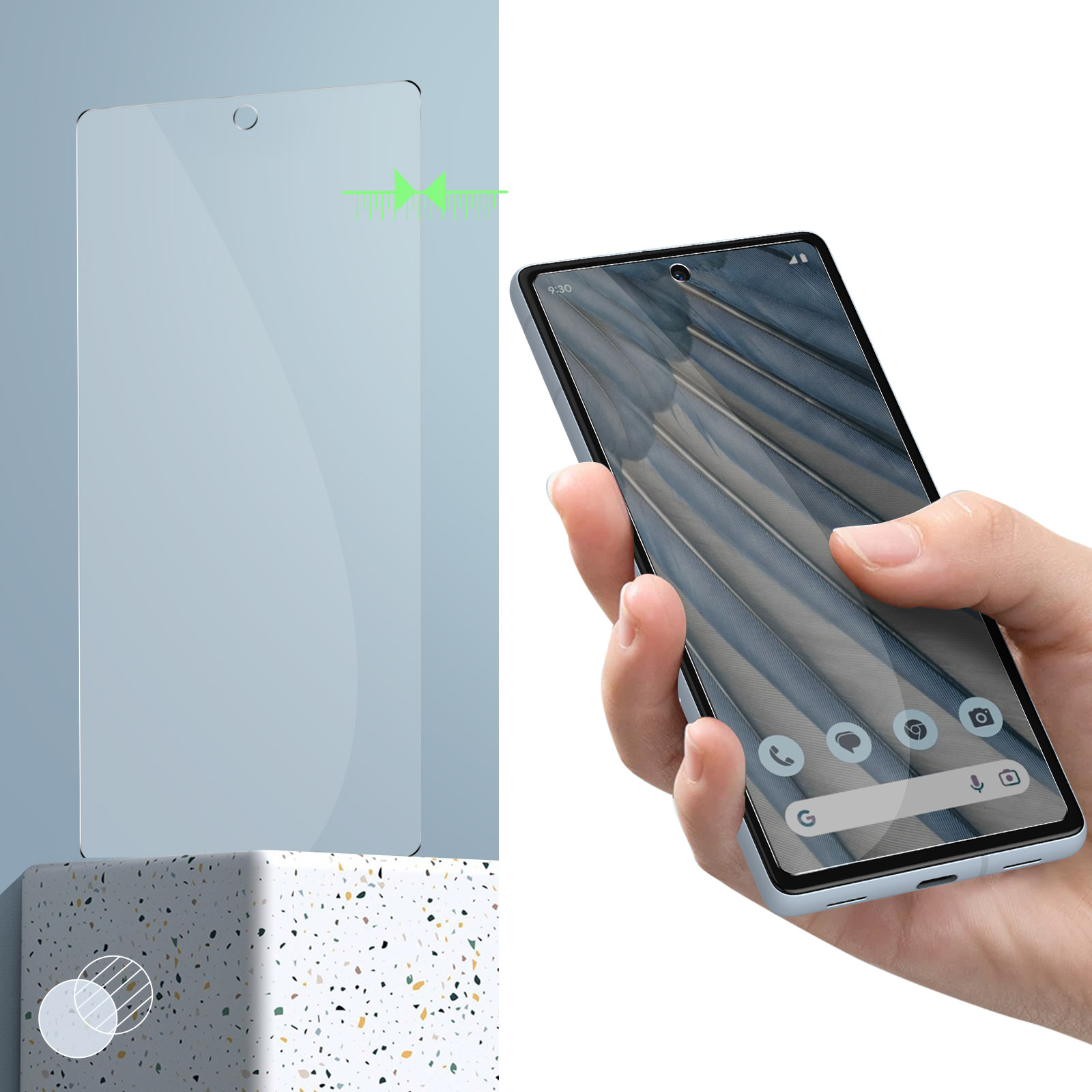 Telefono con protezione schermo. Lo schermo del telefono mostra un design a piume.