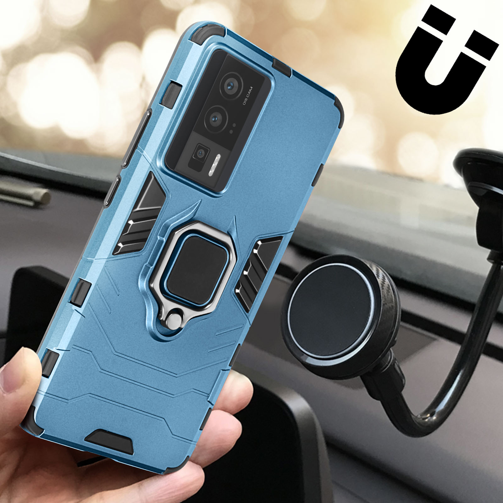 Custodia blu per telefono con supporto ad anello in metallo, su supporto per auto con base magnetica.