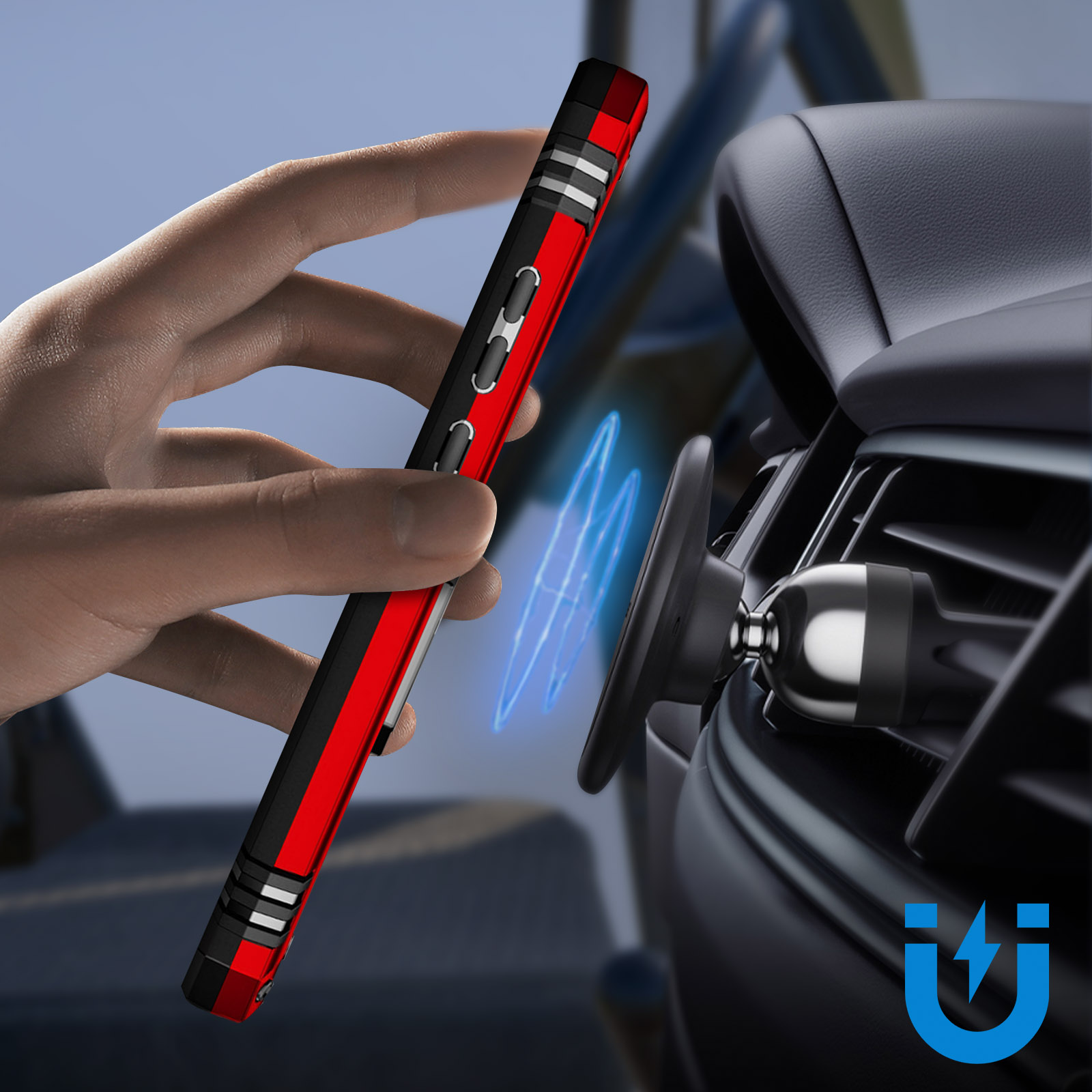 Una custodia per telefono rossa e nera attaccata a una bocchetta dell'aria dell'auto. Una mano tiene il telefono. Onde di energia blu.