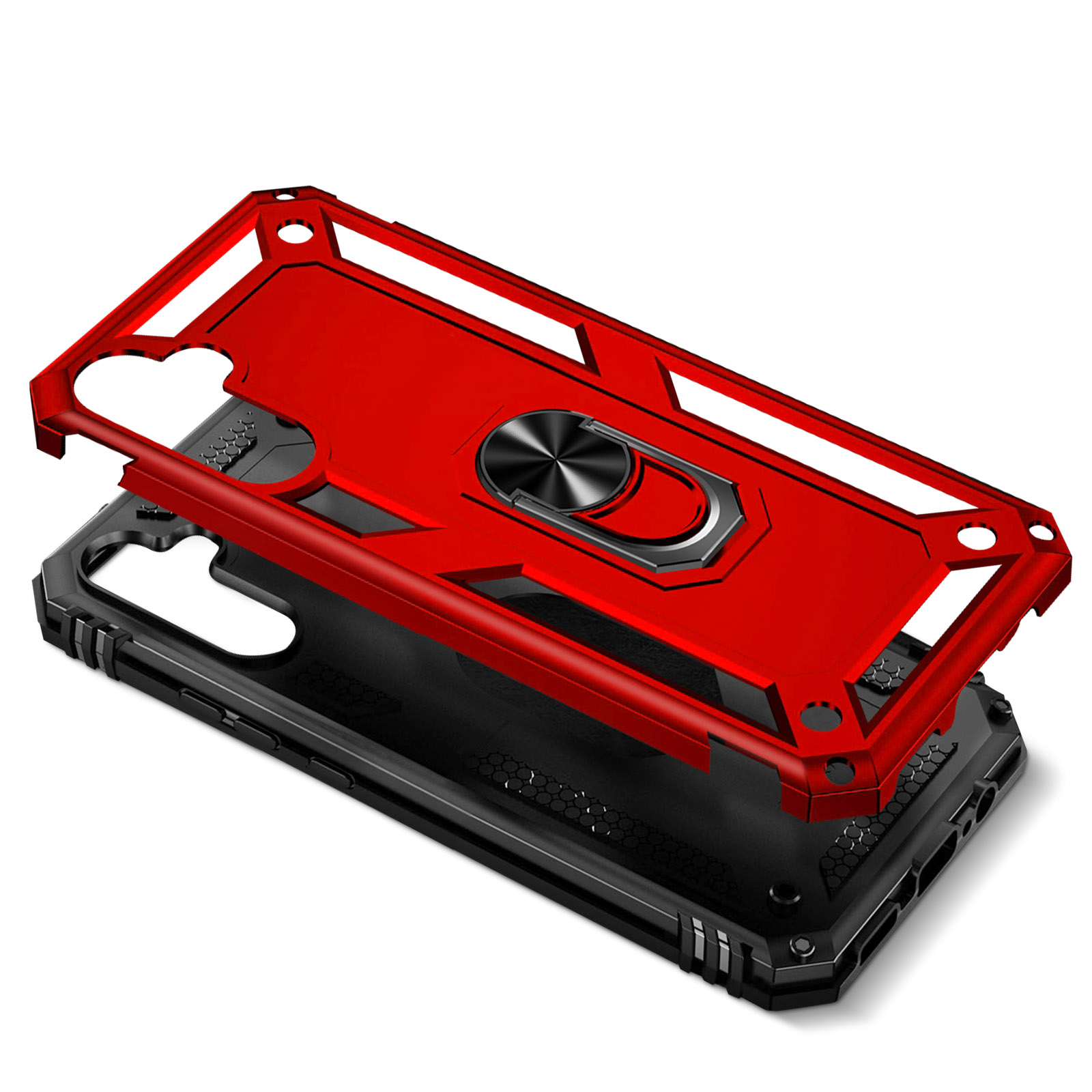 Custodia per telefono rossa e nera, separata, che mostra i componenti. Base nera, parte superiore rossa con anello.