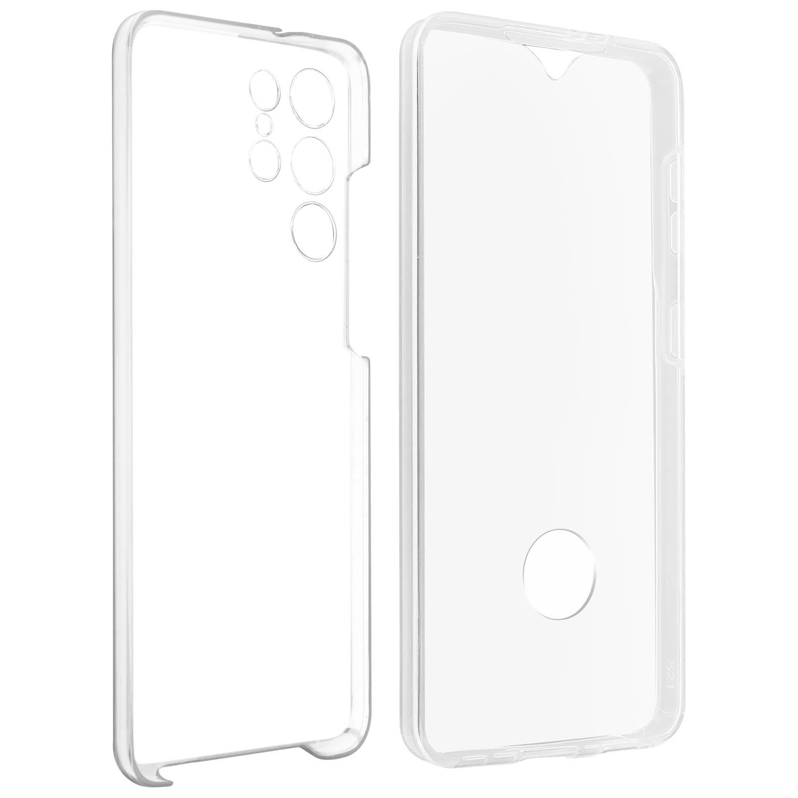 Due custodie trasparenti per telefono, una con fori per fotocamera, su sfondo bianco.