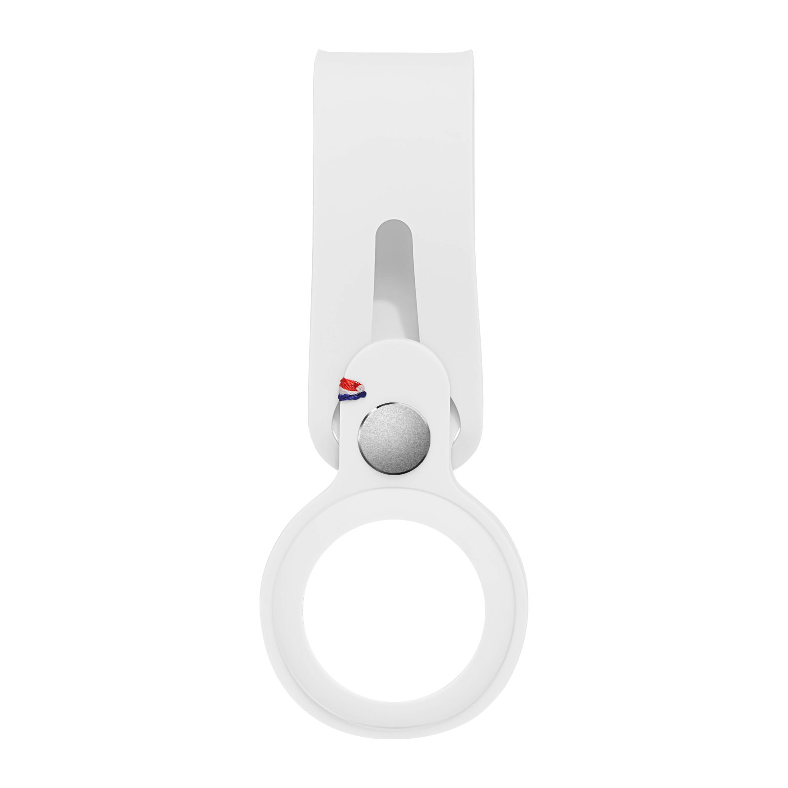 Un supporto AirTag bianco con un design a portachiavi, che mostra un piccolo logo.