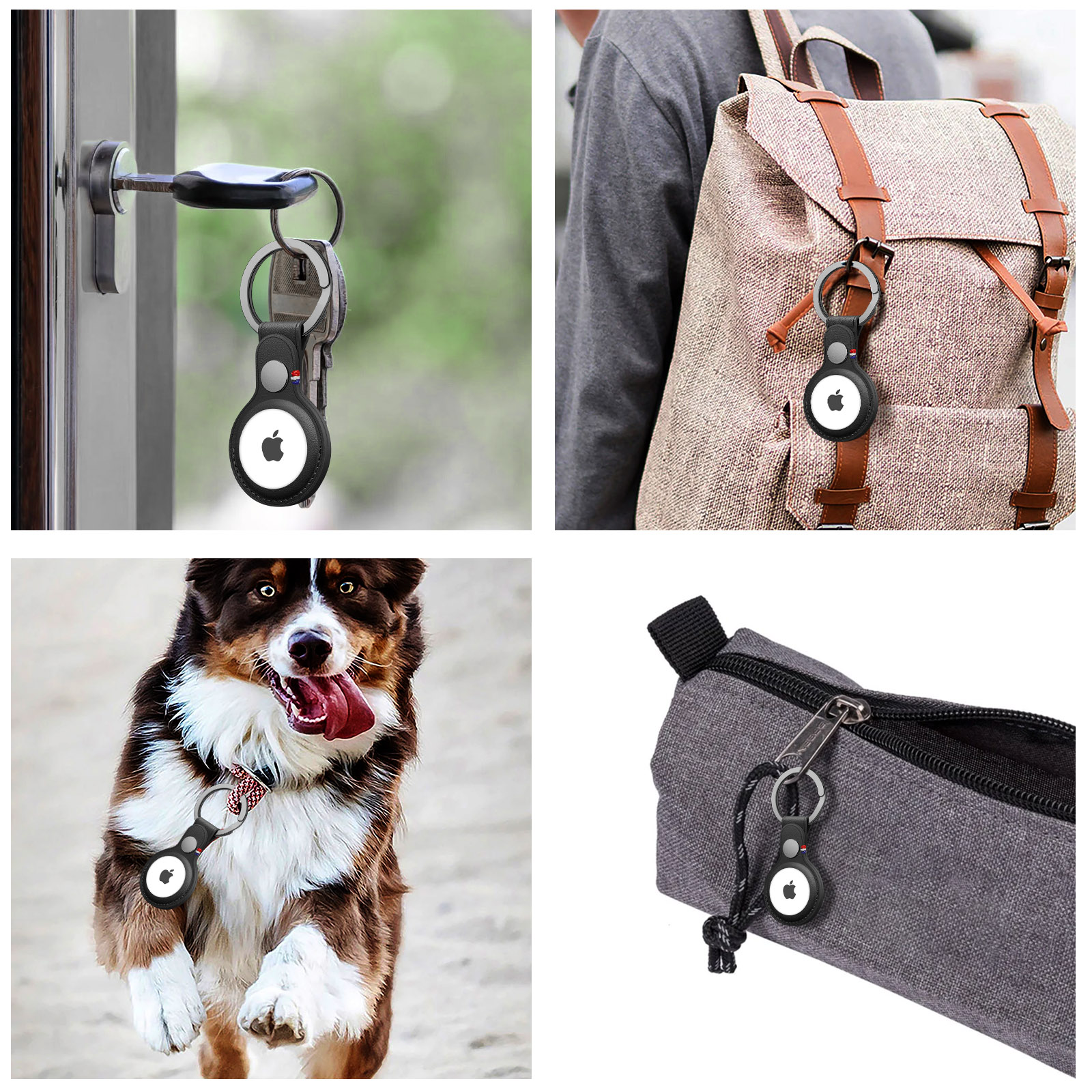 Vier Bilder, die ein Apple AirTag zeigen, das an Schlüsseln, einem Rucksack, einem Hund und einem Federmäppchen befestigt ist.