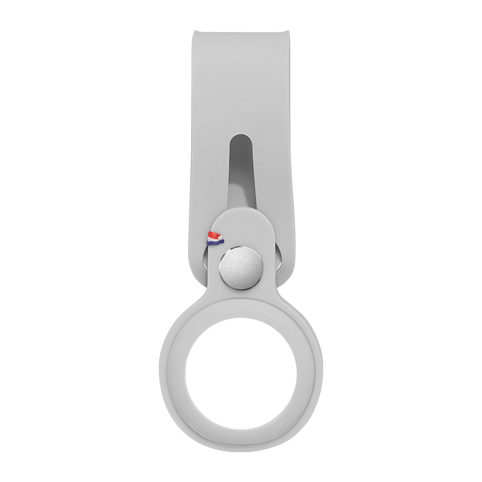 Un supporto AirTag bianco. È uno stile a clip, con un'apertura rotonda per il tag e una clip in alto.