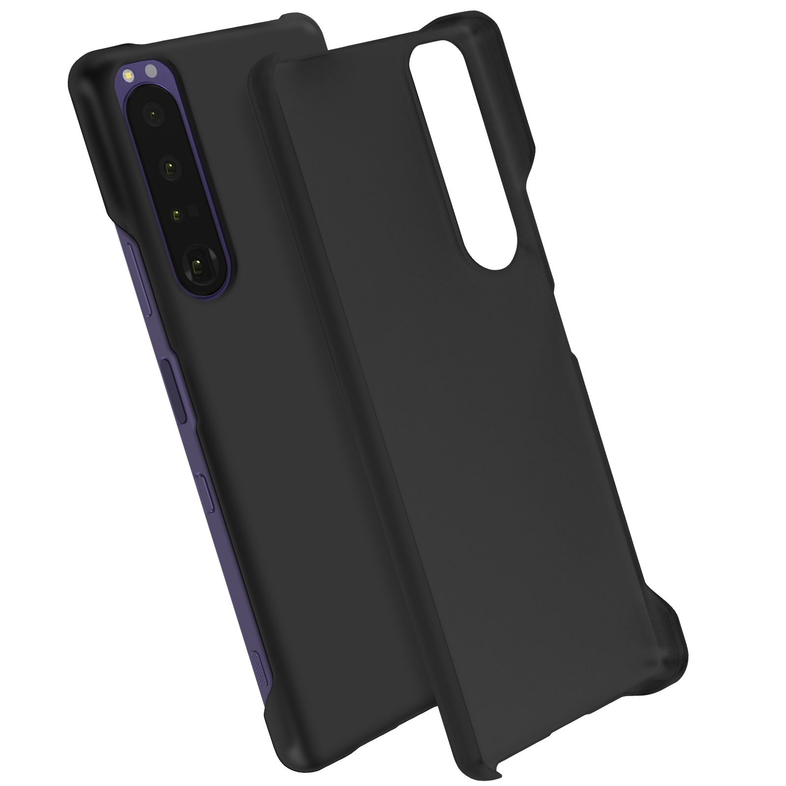 Schwarze Handyhülle. Lila Akzente. Weißer Hintergrund. Winkelansicht. Schutzhülle für das Telefon.