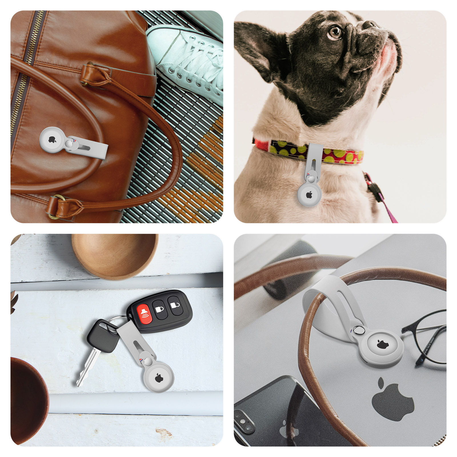Quattro immagini di oggetti attaccati a un AirTag bianco. Include borsa, collare per cani, chiavi e laptop.