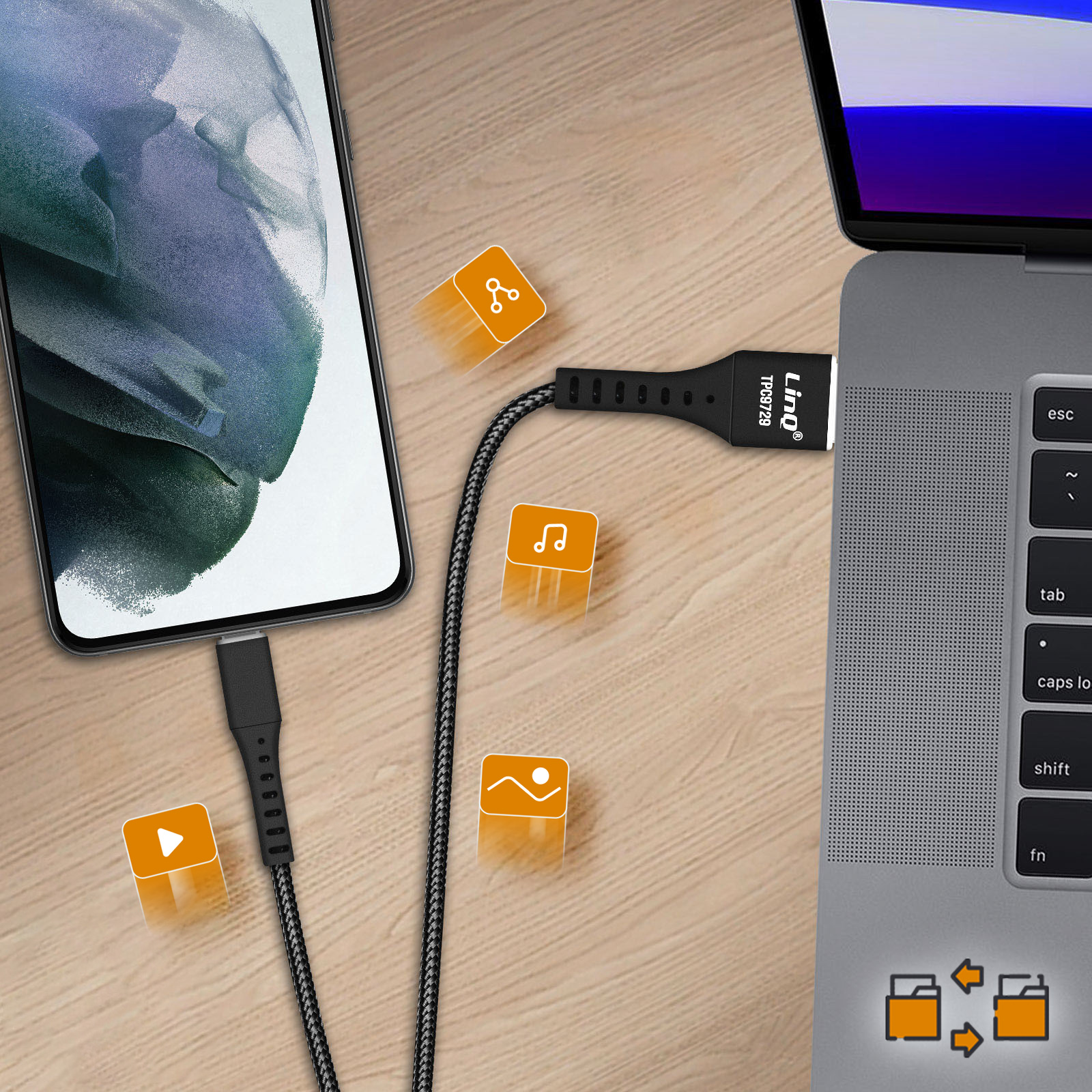 Un telefono collegato a un laptop tramite un cavo. Le icone fluttuano in aria: condividi, musica, paesaggio e trasferimento file.