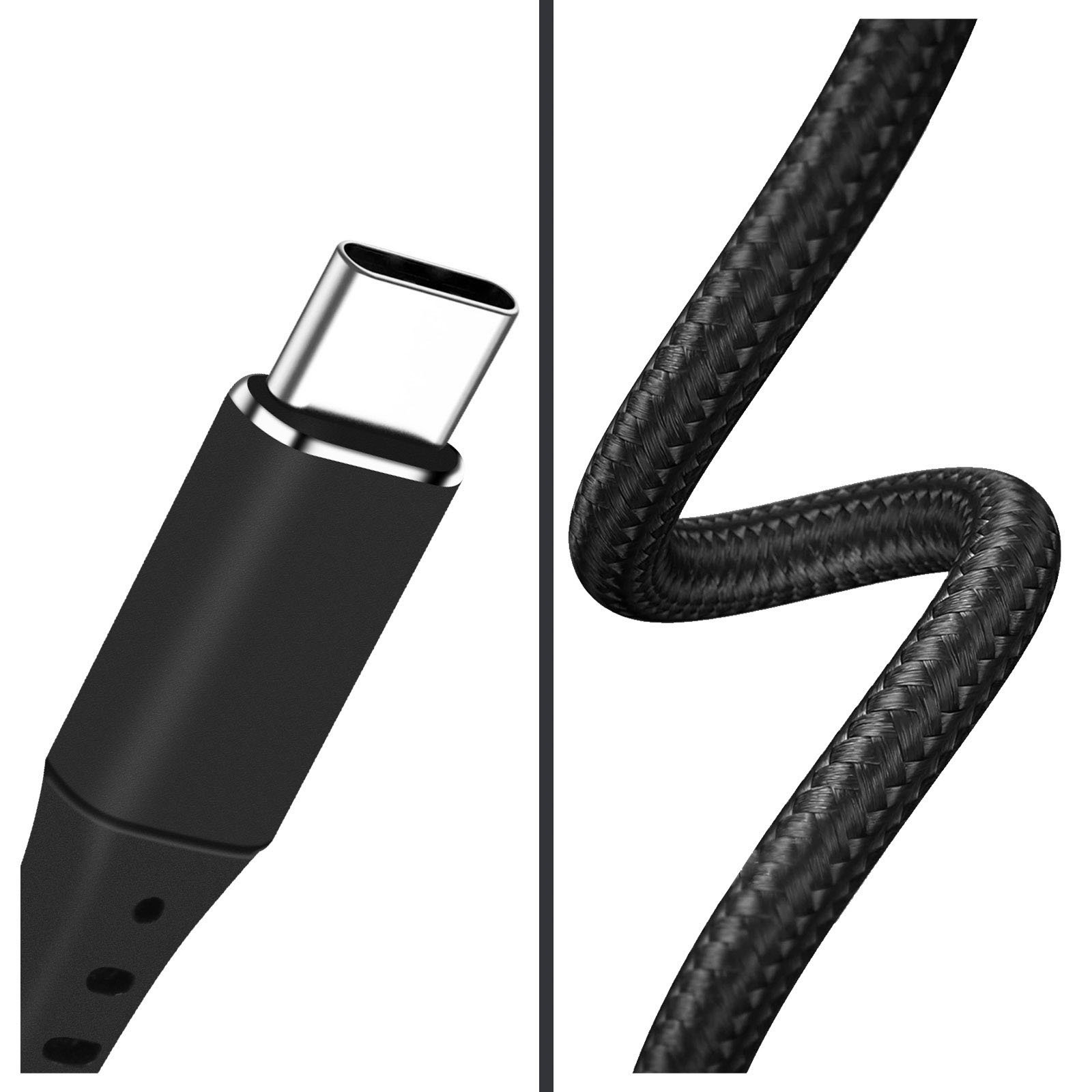 Un cavo USB-C nero e la sua sezione intrecciata. Il cavo è su uno sfondo bianco.