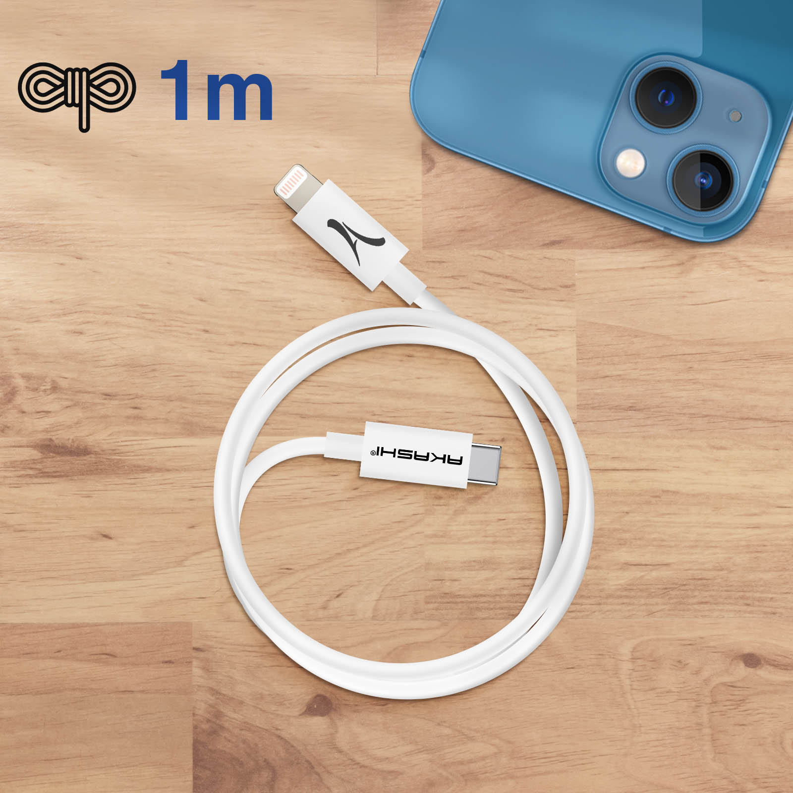 Cable de carga blanco con teléfono y logo Akashi. Cable sobre madera.