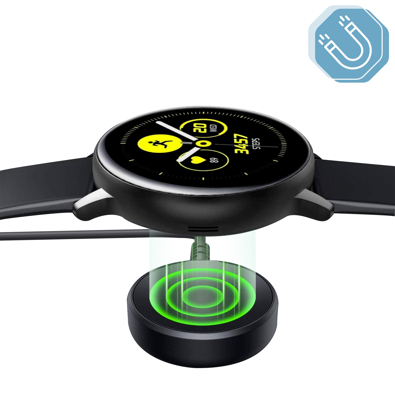 Uno smartwatch in carica su una base nera rotonda. Un'icona magnetica blu è in alto a destra.