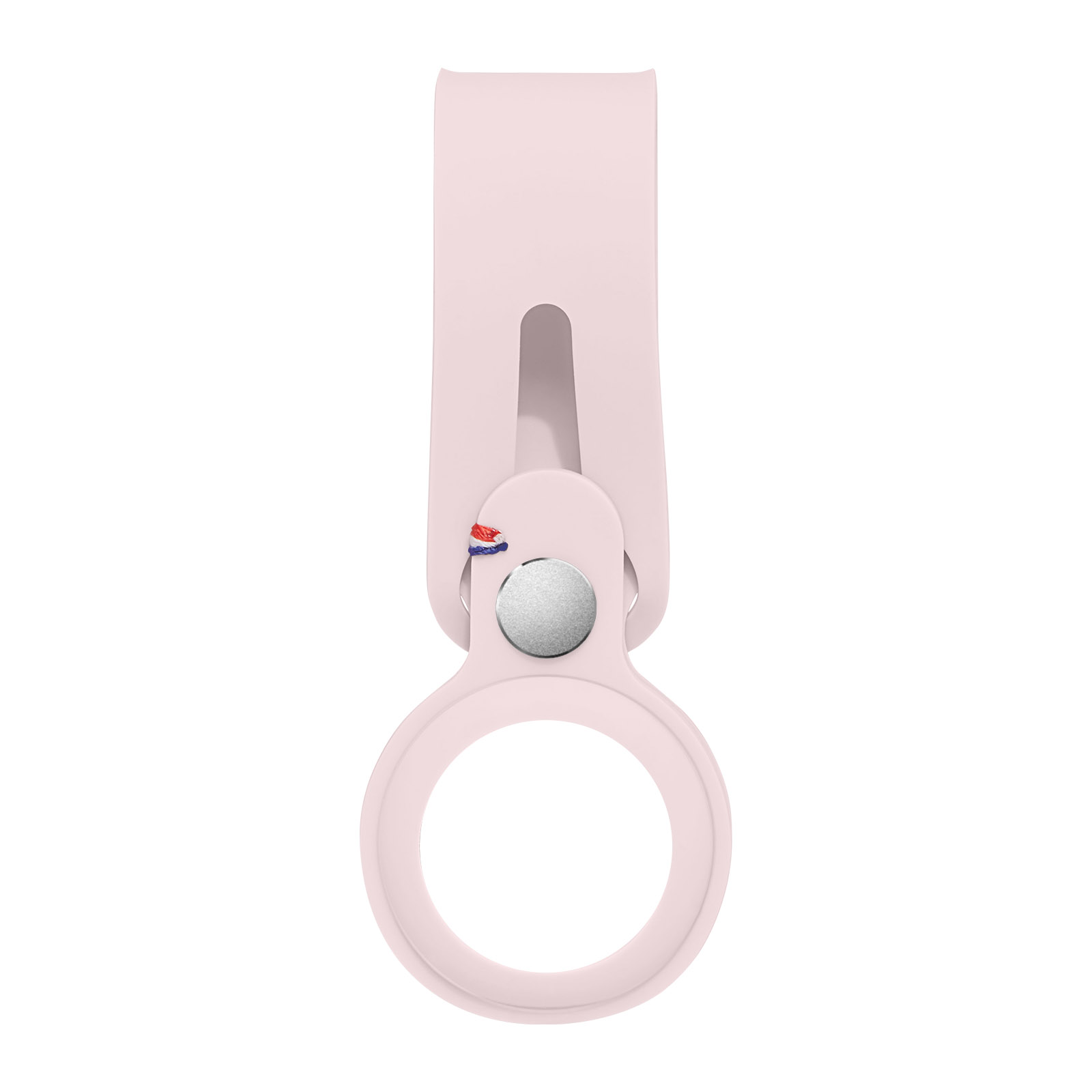 Ein hellrosa Apple AirTag-Halter mit rundem Loch und Riemen.