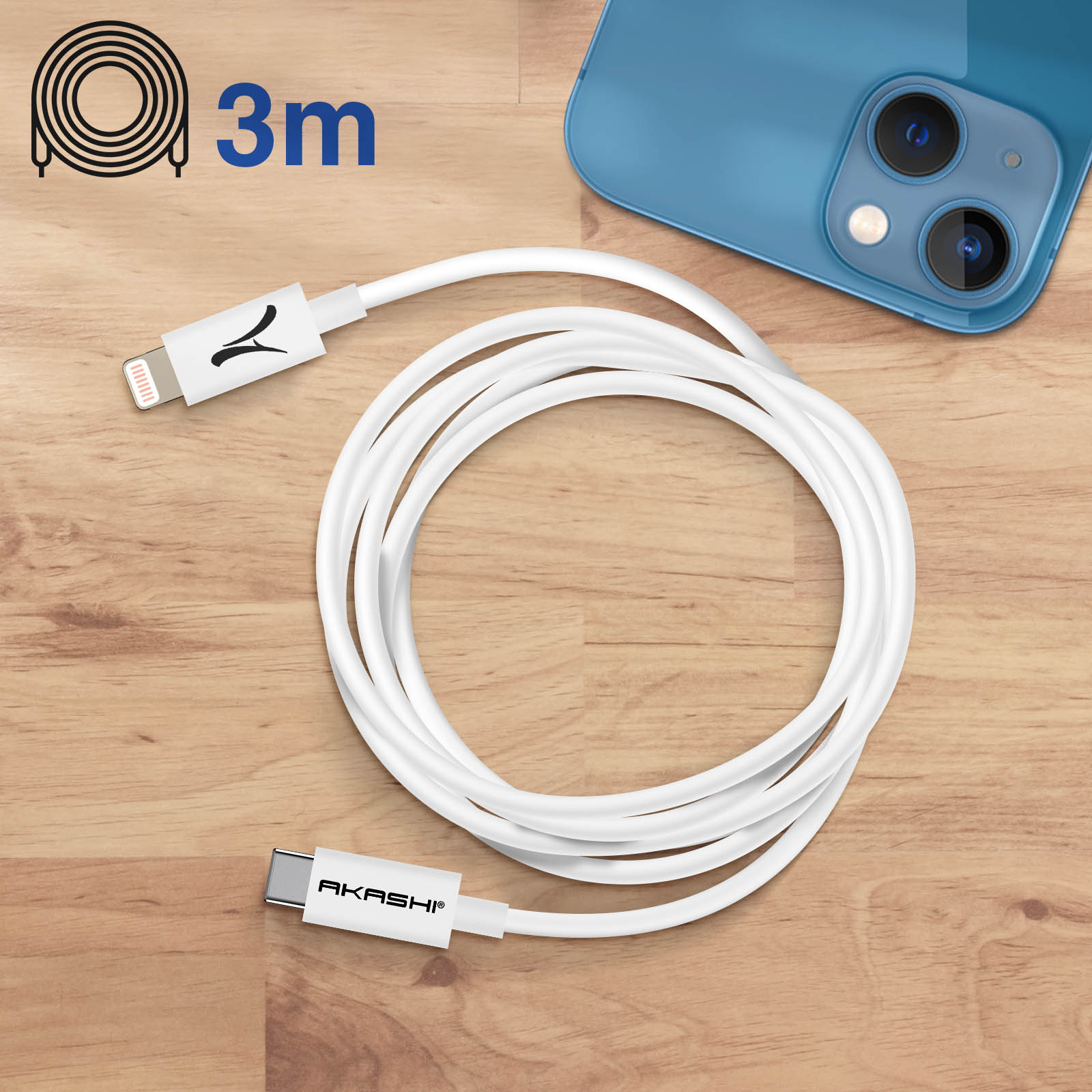 Un cable de teléfono blanco con conectores Lightning y USB-C, sobre una superficie de madera.