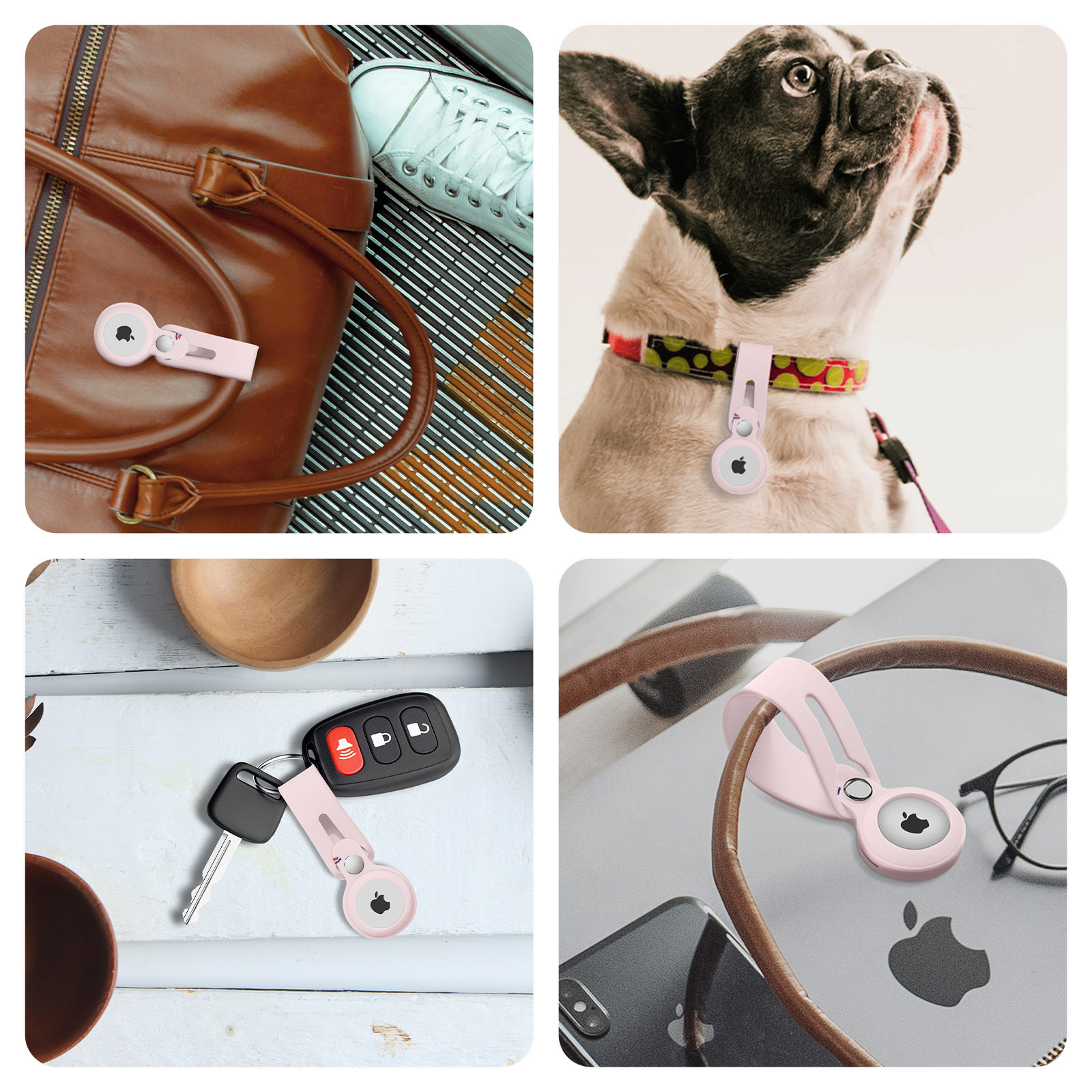 Vier Bilder, die ein pinkfarbenes Telefonzubehör zeigen, das mit Tasche, Hundehalsband, Schlüsseln und Laptop verwendet wird.