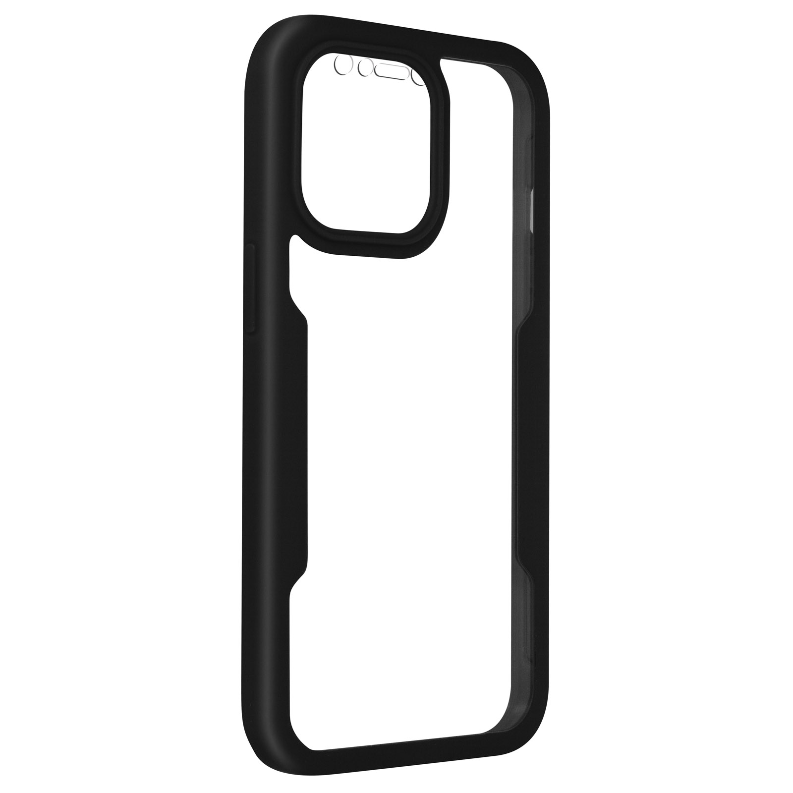 Zwarte telefoonhoes met een transparant frame. Witte achtergrond.