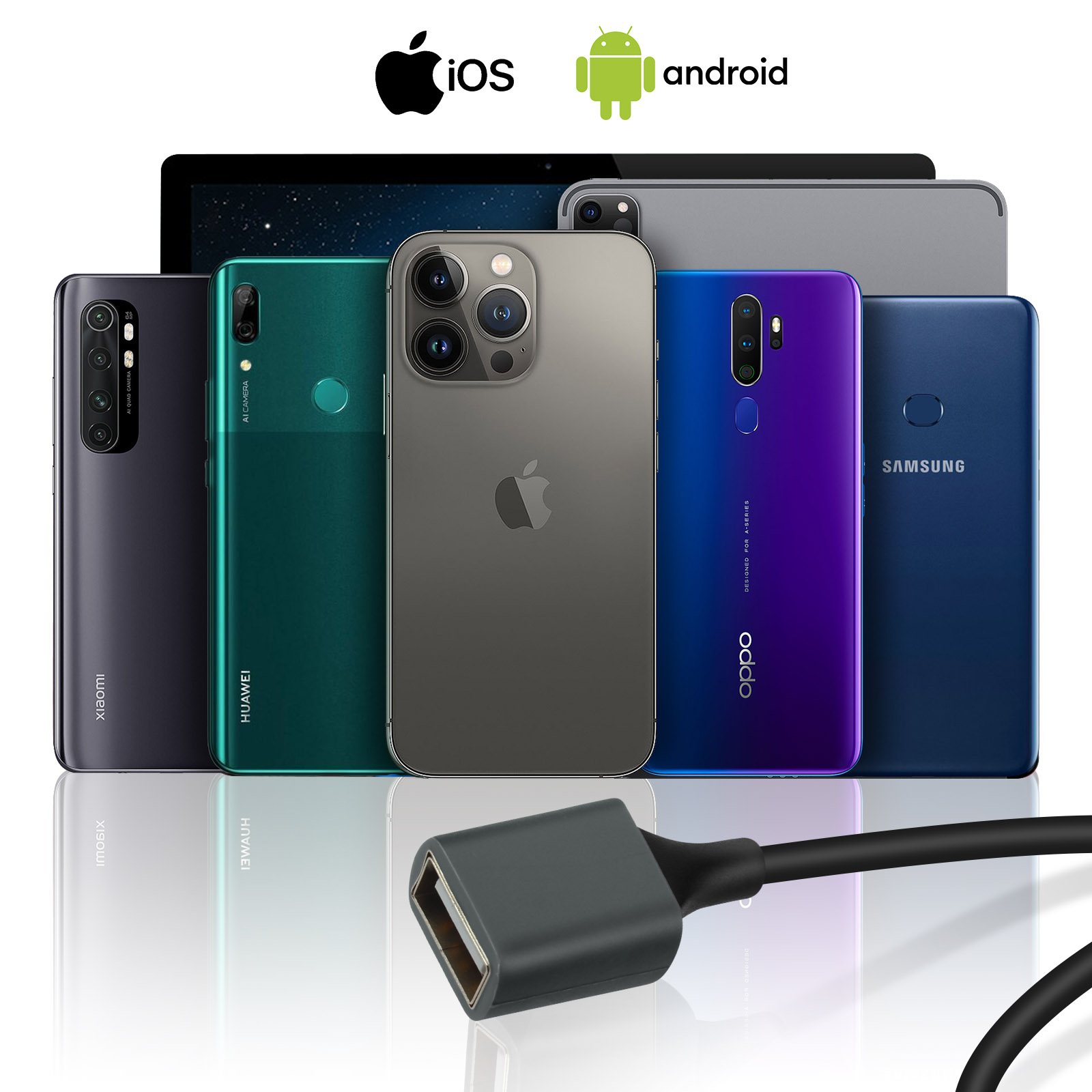 Raccolta di telefoni e tablet. I loghi IOS e Android sono visibili.