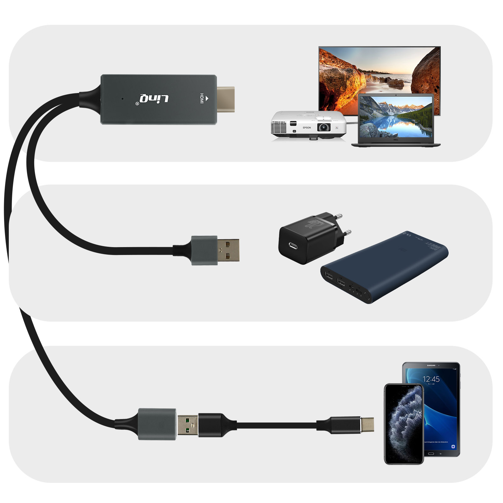 Diversi dispositivi elettronici e cavi di collegamento. Include un dongle, caricabatterie, telefono, tablet, laptop e proiettore.