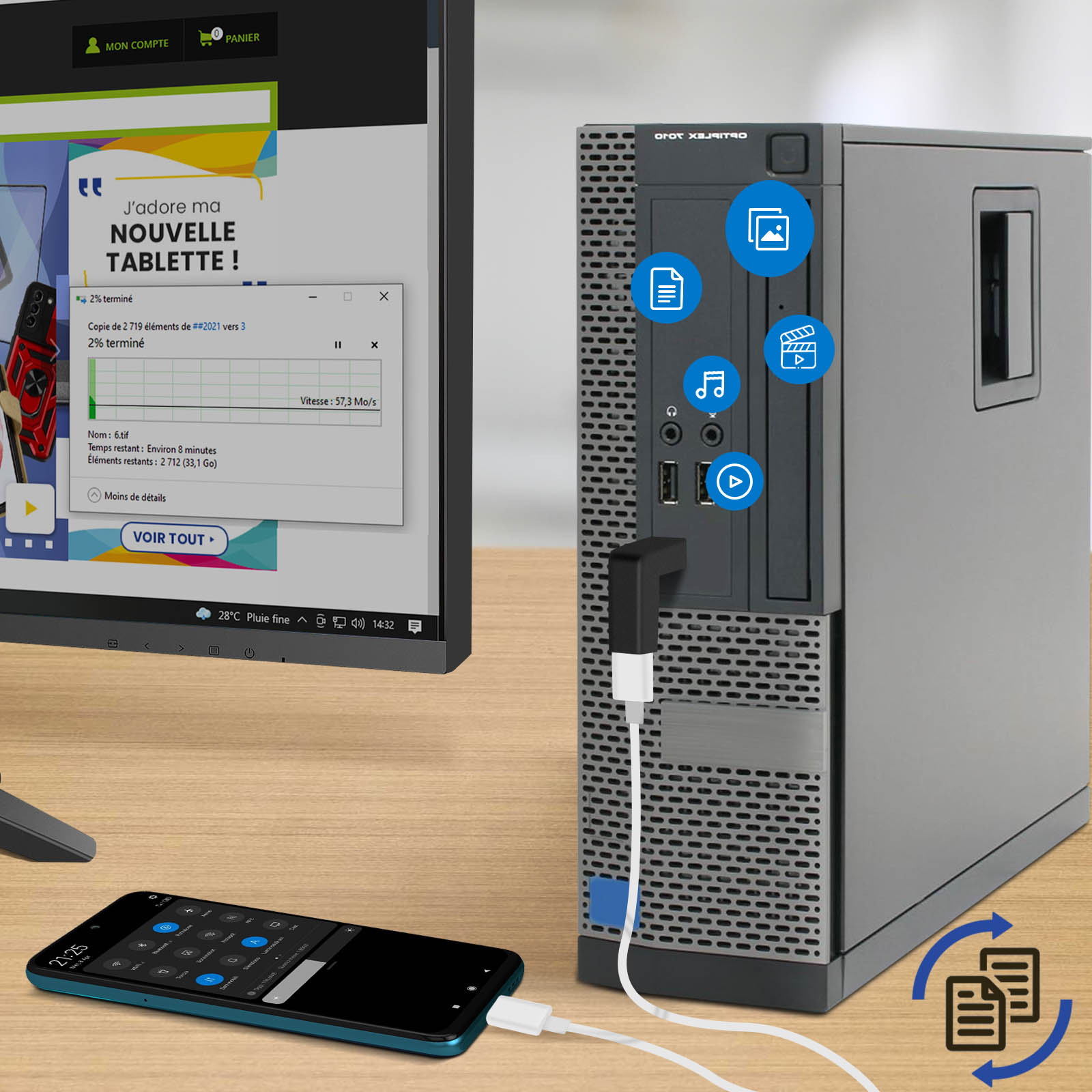 Desktop-Computer und Telefon über USB-Kabel verbunden.