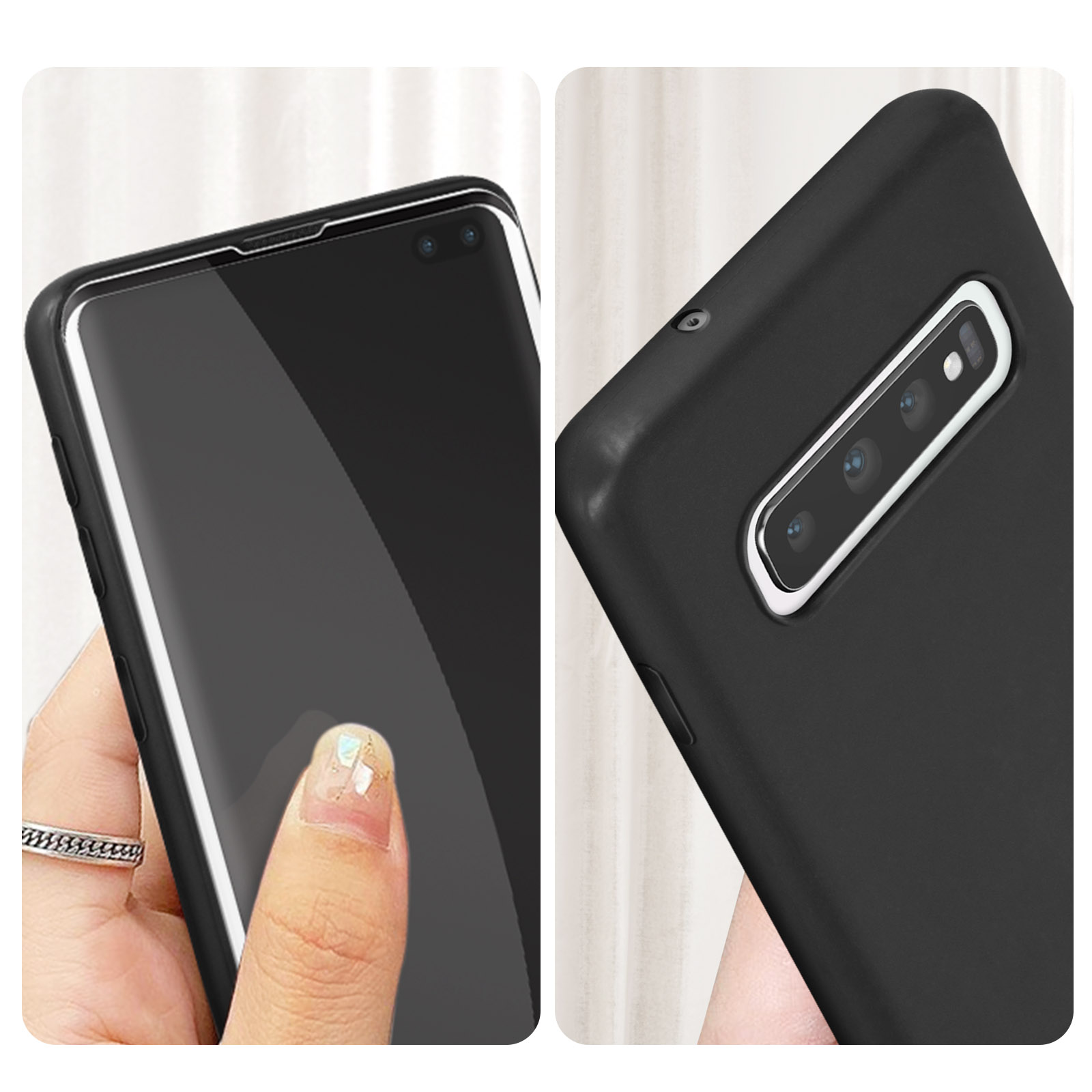 Due immagini: telefono con protezione schermo e cover posteriore con fotocamera. Una mano tocca.