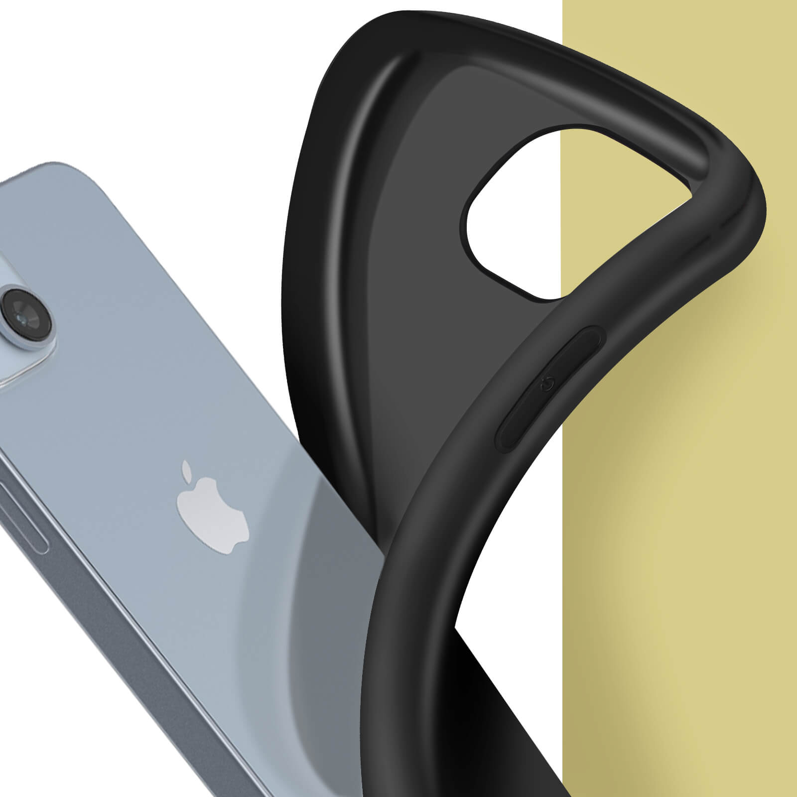 Un étui de téléphone noir avec un téléphone bleu clair à l'intérieur. L'étui du téléphone est plié pour montrer le téléphone.