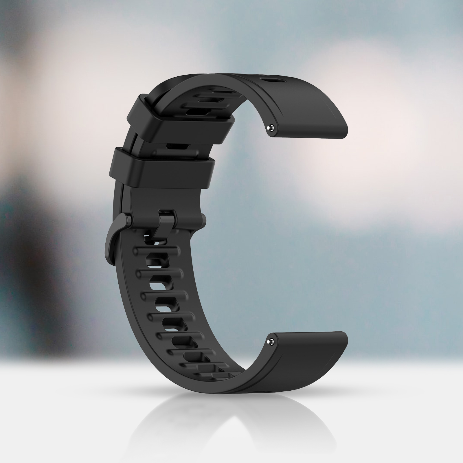 Correa de reloj negra, forma curva.