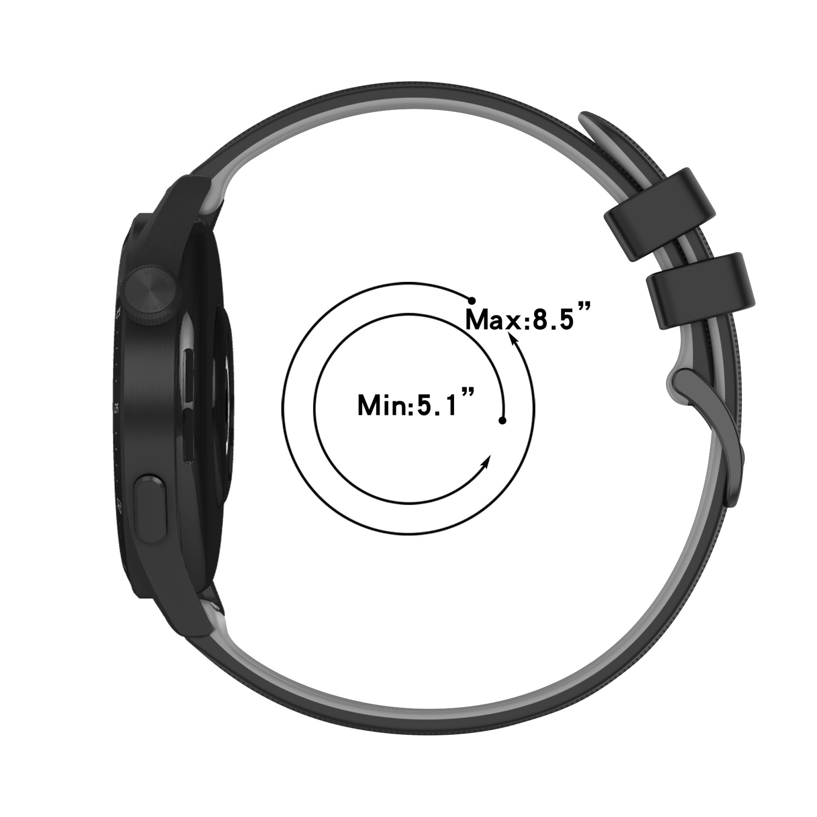 Smartwatch negra con marcas de medición. Max: 8.5" Min: 5.1" medida.