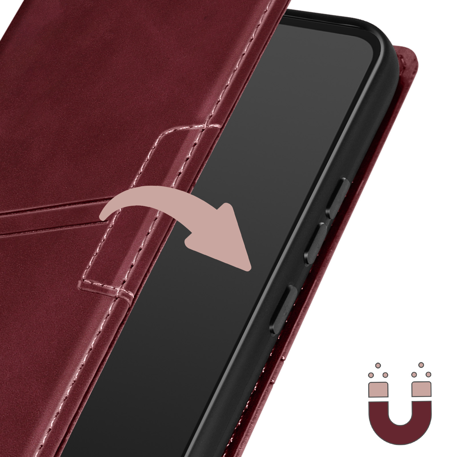 Bordeaux telefoonhoes met een gesloten klep. Een roze pijl wijst naar de telefoon. Magneten zijn zichtbaar.