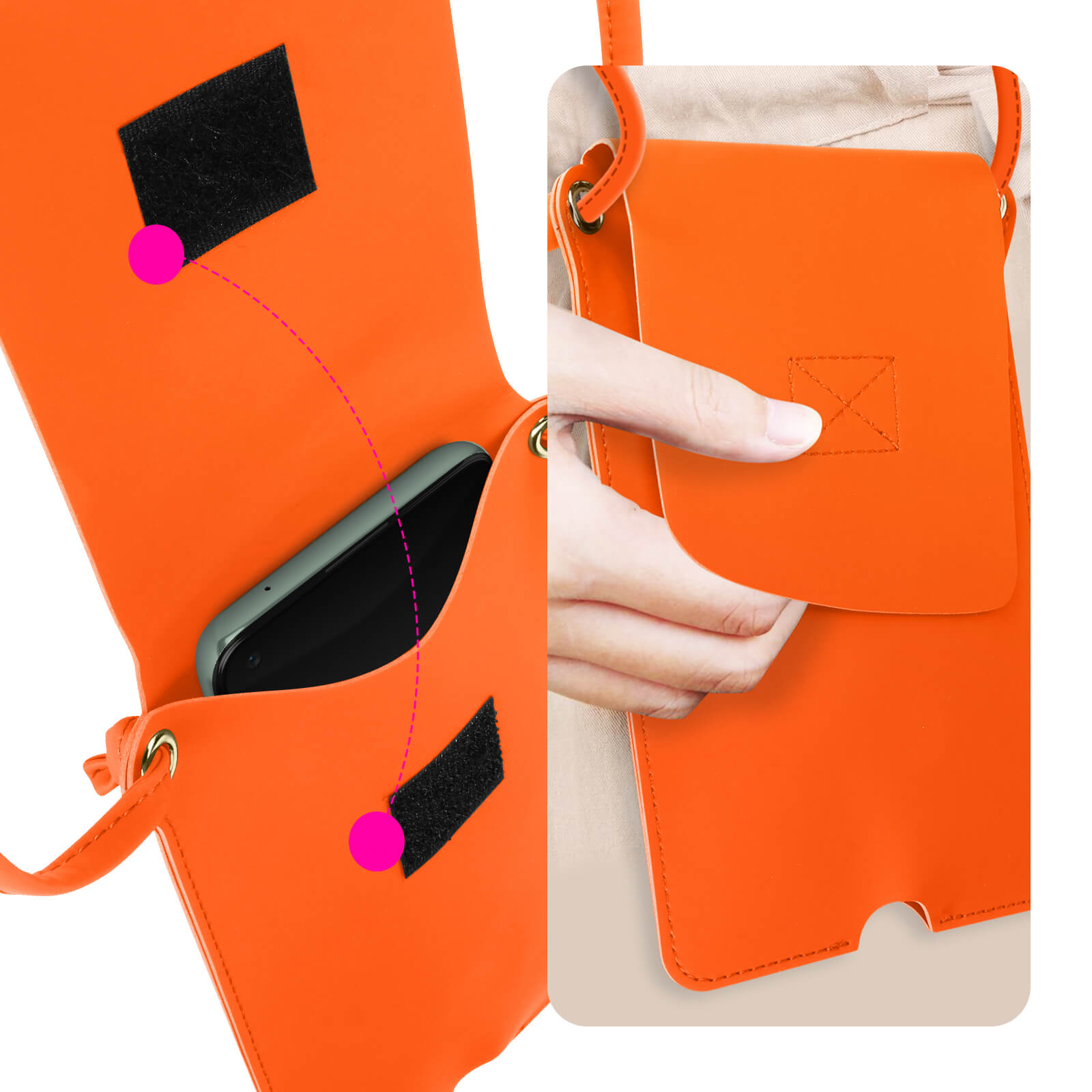Borsa a tracolla arancione per telefono con un telefono all'interno. Velcro nero e una mano che tiene la borsa.