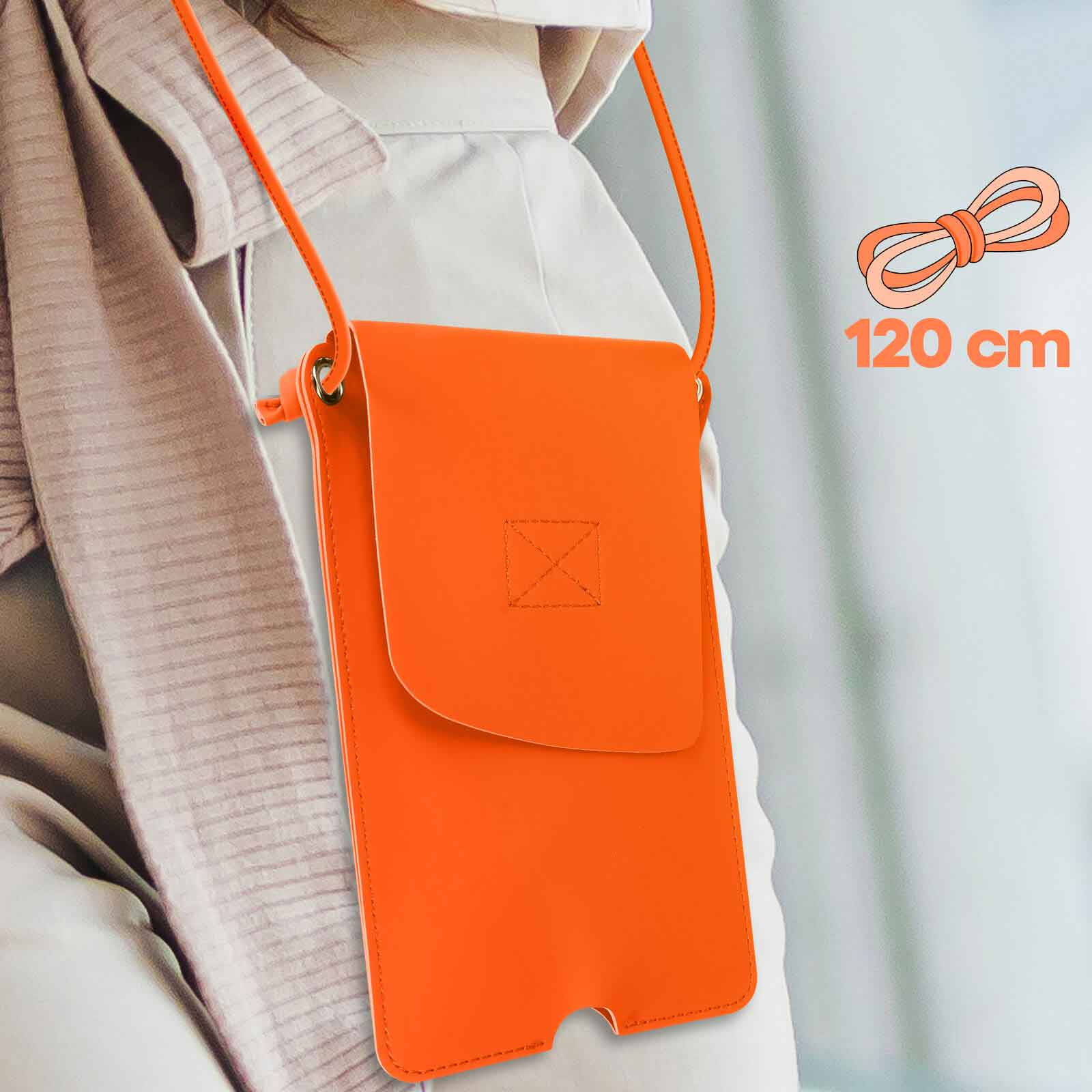 Una persona indossa una borsa arancione per telefono con una corda di 120 cm. La borsa è su una spalla.