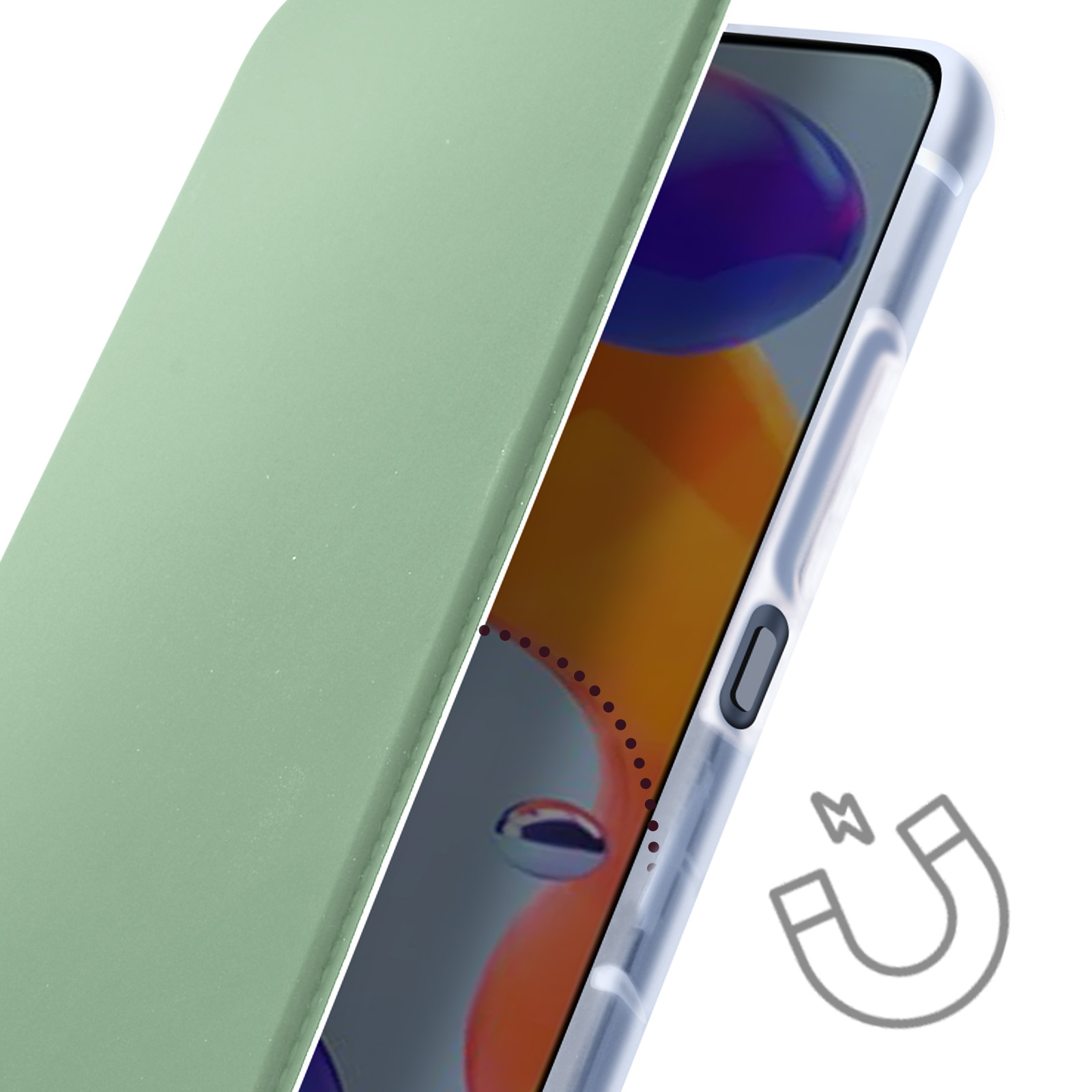 Un telefono con una custodia verde, con un simbolo di magnete, parzialmente aperto.