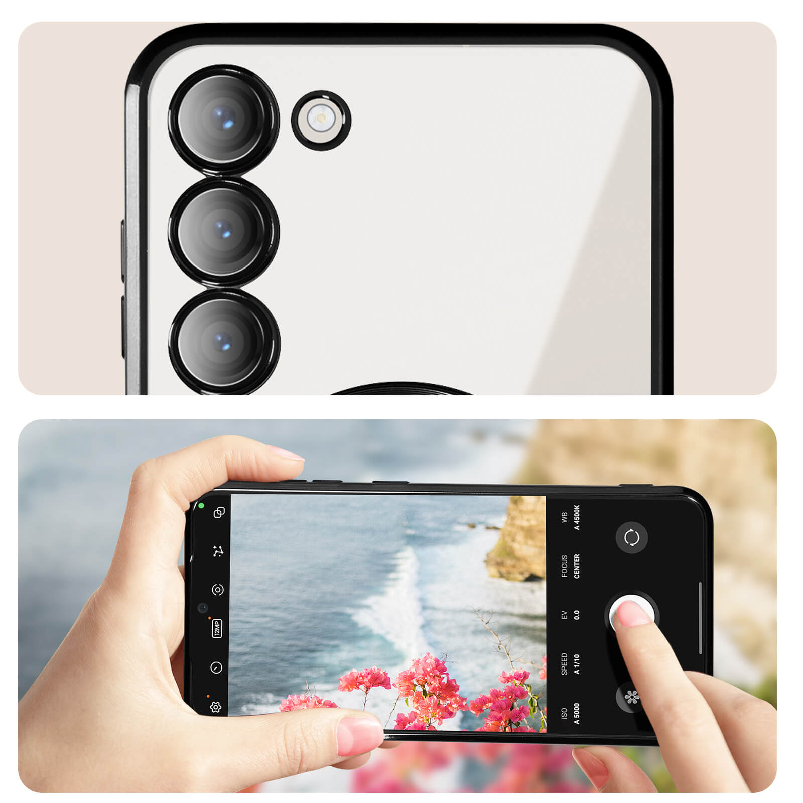 In alto: fotocamere del telefono. In basso: mano che tiene un telefono, scattando una foto di una spiaggia.