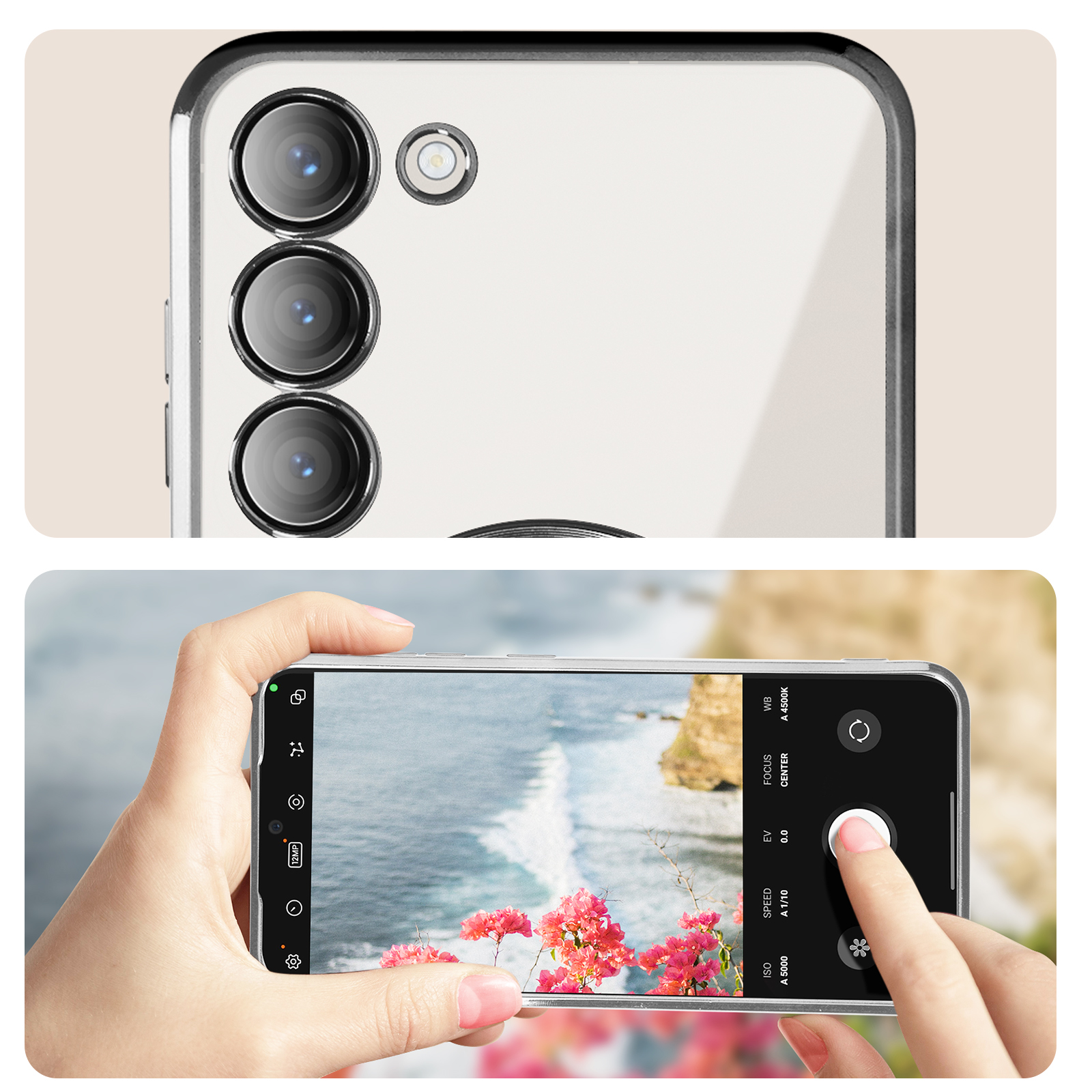 Primo piano delle fotocamere del telefono e mani che tengono un telefono, scattando una foto di una spiaggia.