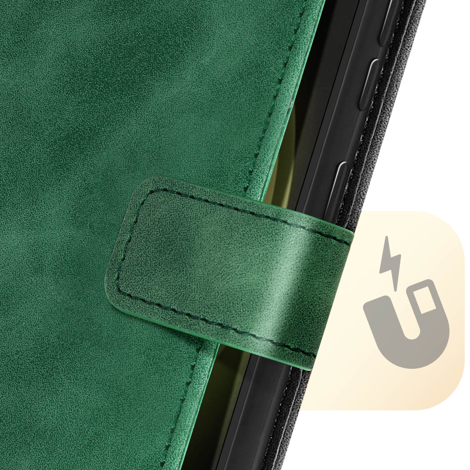 Eine grüne Leder-Handyhülle mit Magnetverschluss. Daneben ein Magnet-Symbol.