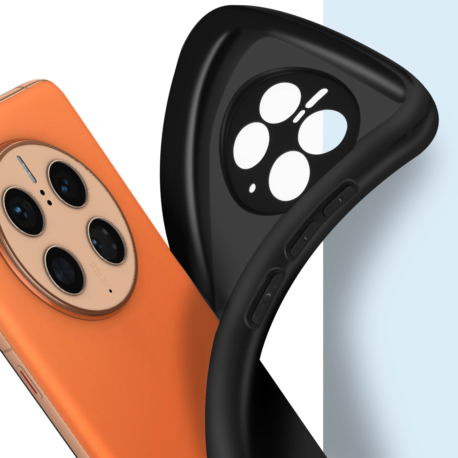 Telefono arancione con custodia nera e design della fotocamera.